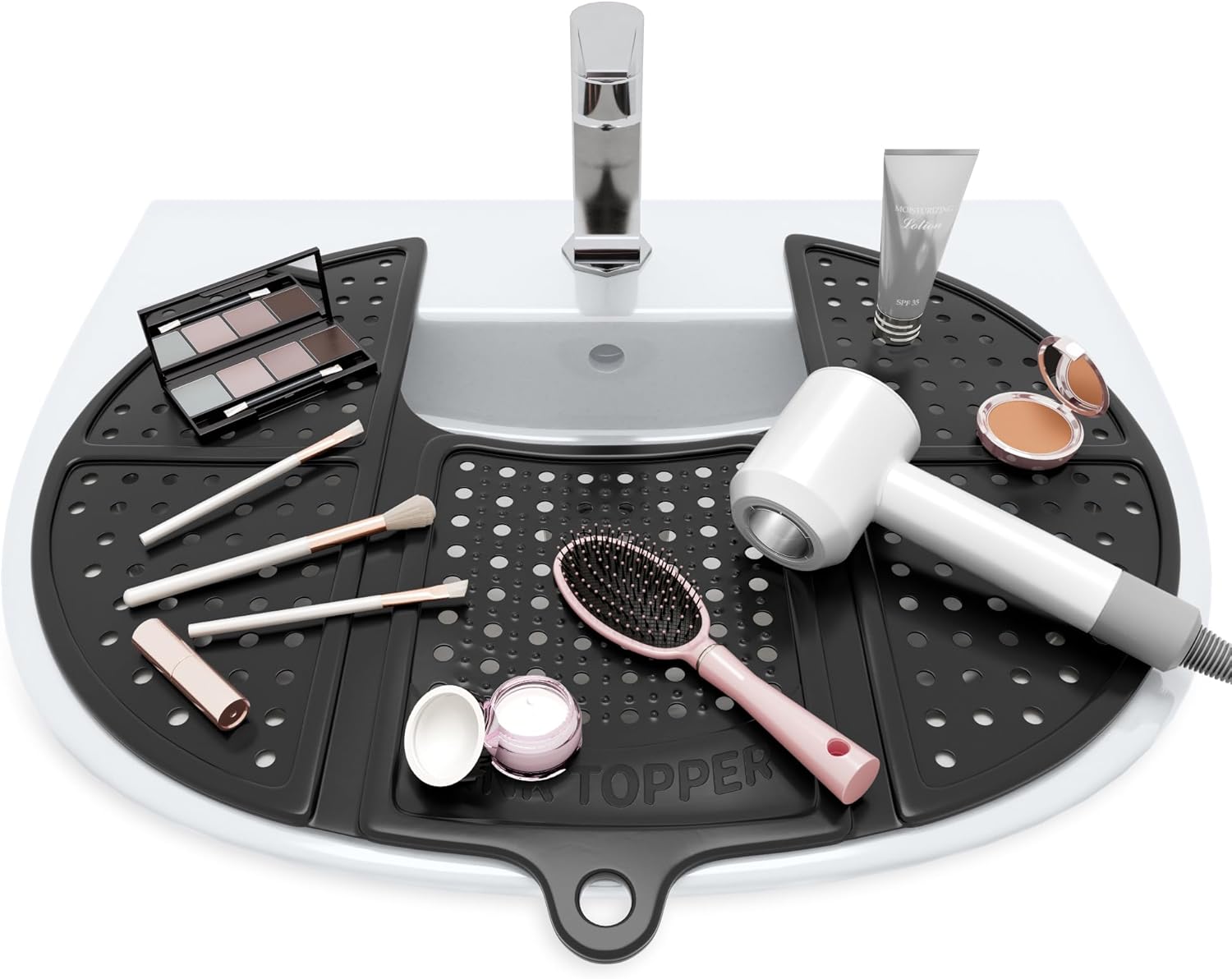 Sink Topper Bathroom Counter Cover & Storage Saver, Foldable Silicone Mat for Hot Tools, Hair Styling & Makeup, Beauty Brush Cleaning Mat, RV Camper Sink Cover & for Small Spaces (Standard Black)