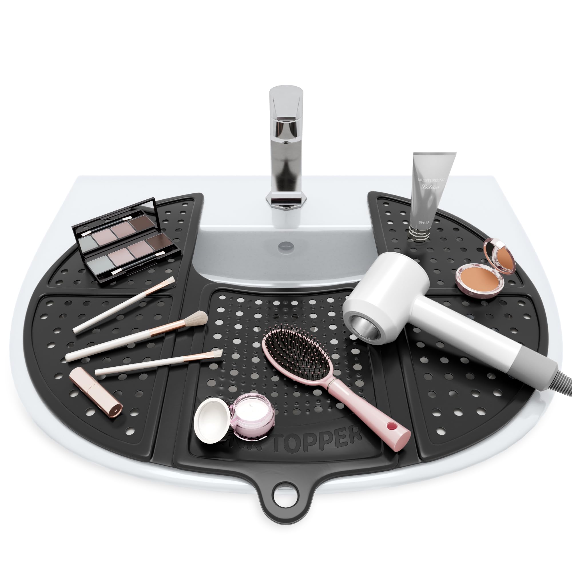 Sink Topper Bathroom Counter Cover & Storage Saver, Foldable Silicone Mat for Hot Tools, Hair Styling & Makeup, Beauty Brush Cleaning Mat, RV Camper Sink Cover & for Small Spaces (Standard Black)