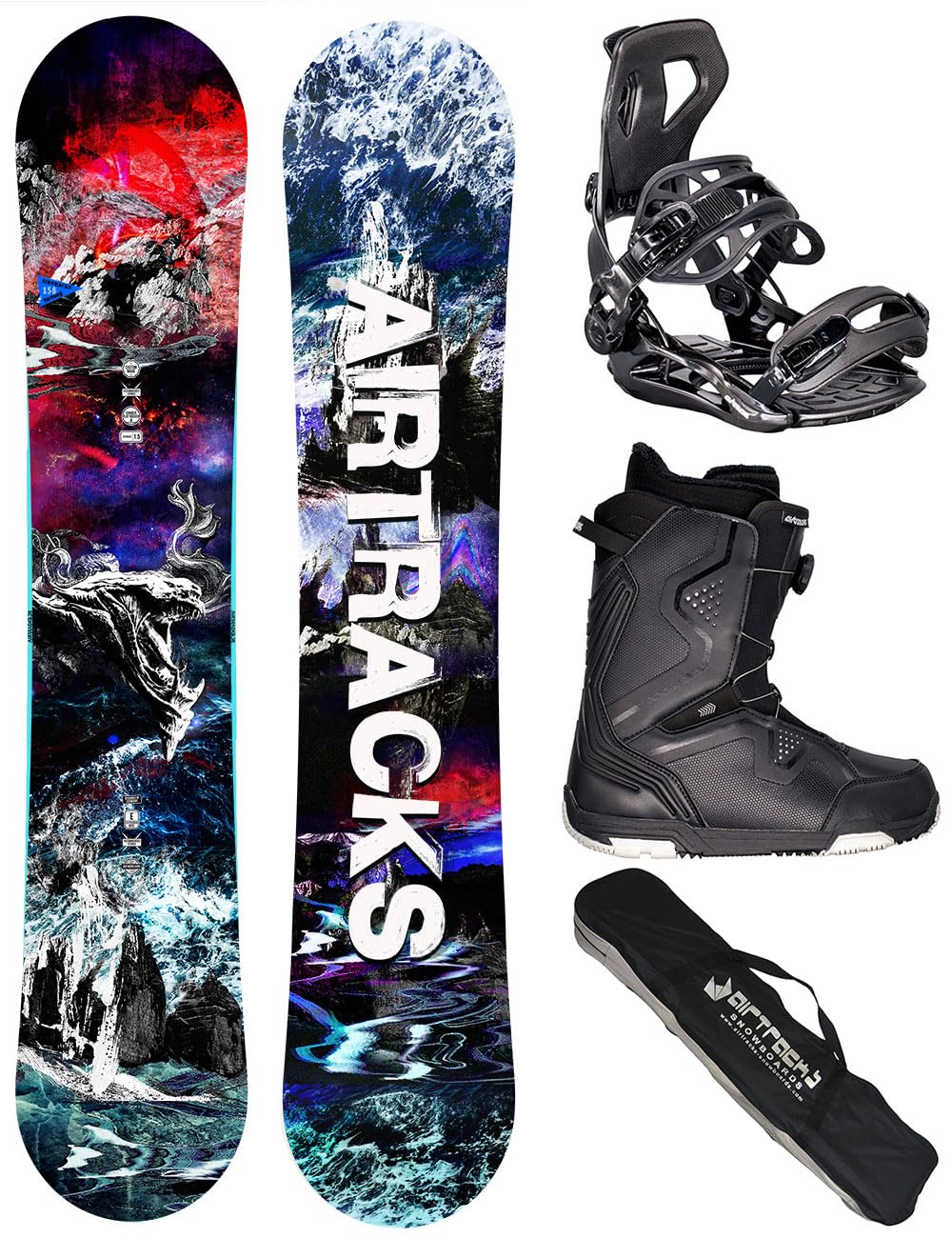 Airtracks Herren Snowboard Set - Fantasy Carbon Flat Zero Rocker Snowboard Wide + Snowboard Bindung Master + Snowboardboots + Sb Bag / 148 153 158 cm