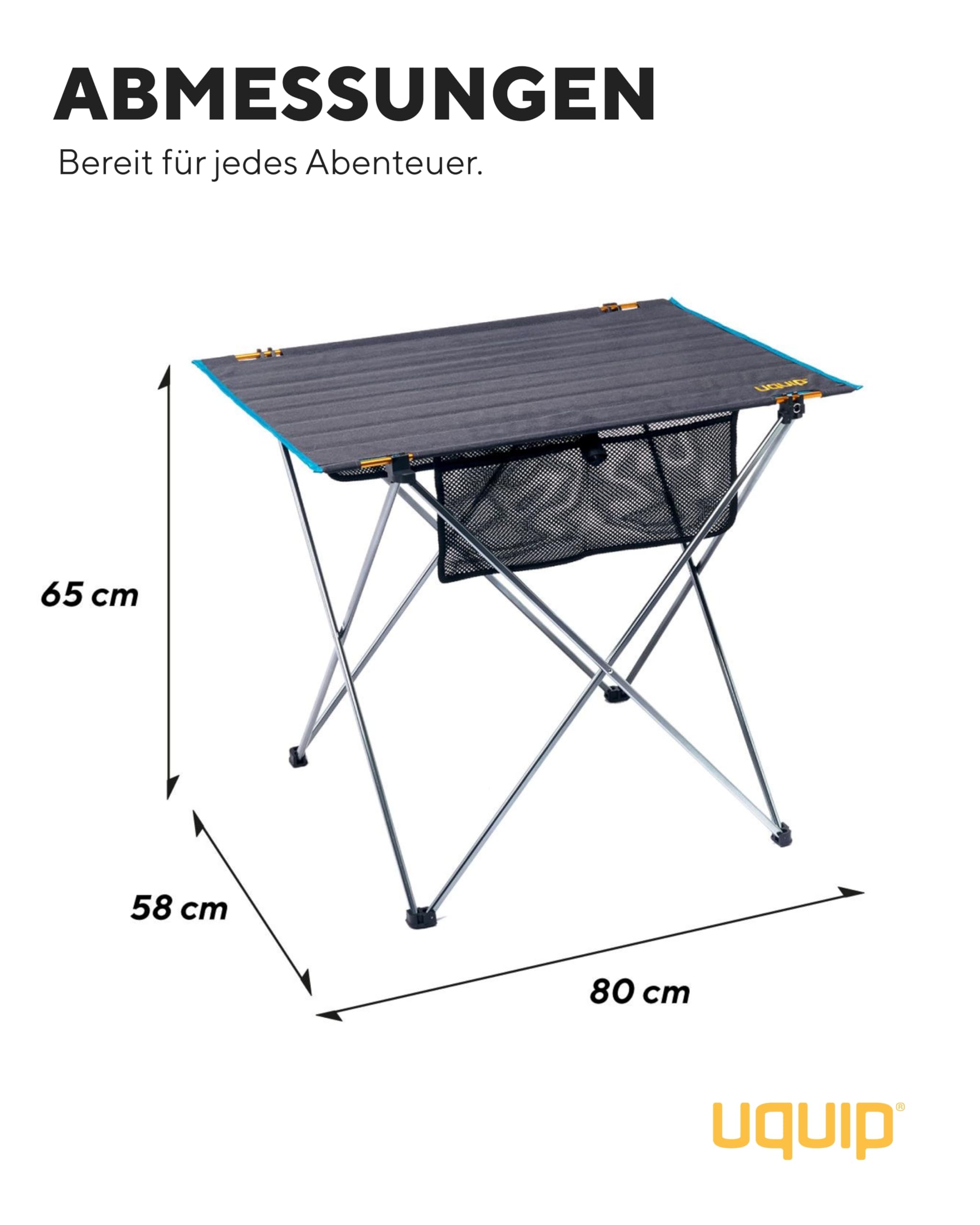 Uquip Campingtisch Liberty L Grey I 58 x 65 x 80 cm I kompakter Falttisch mit 30 kg Traglast I Leichter Klapptisch aus Aluminium I tragbarer Outdoor-Tisch für Camping, Picknick, Festivals & Garten