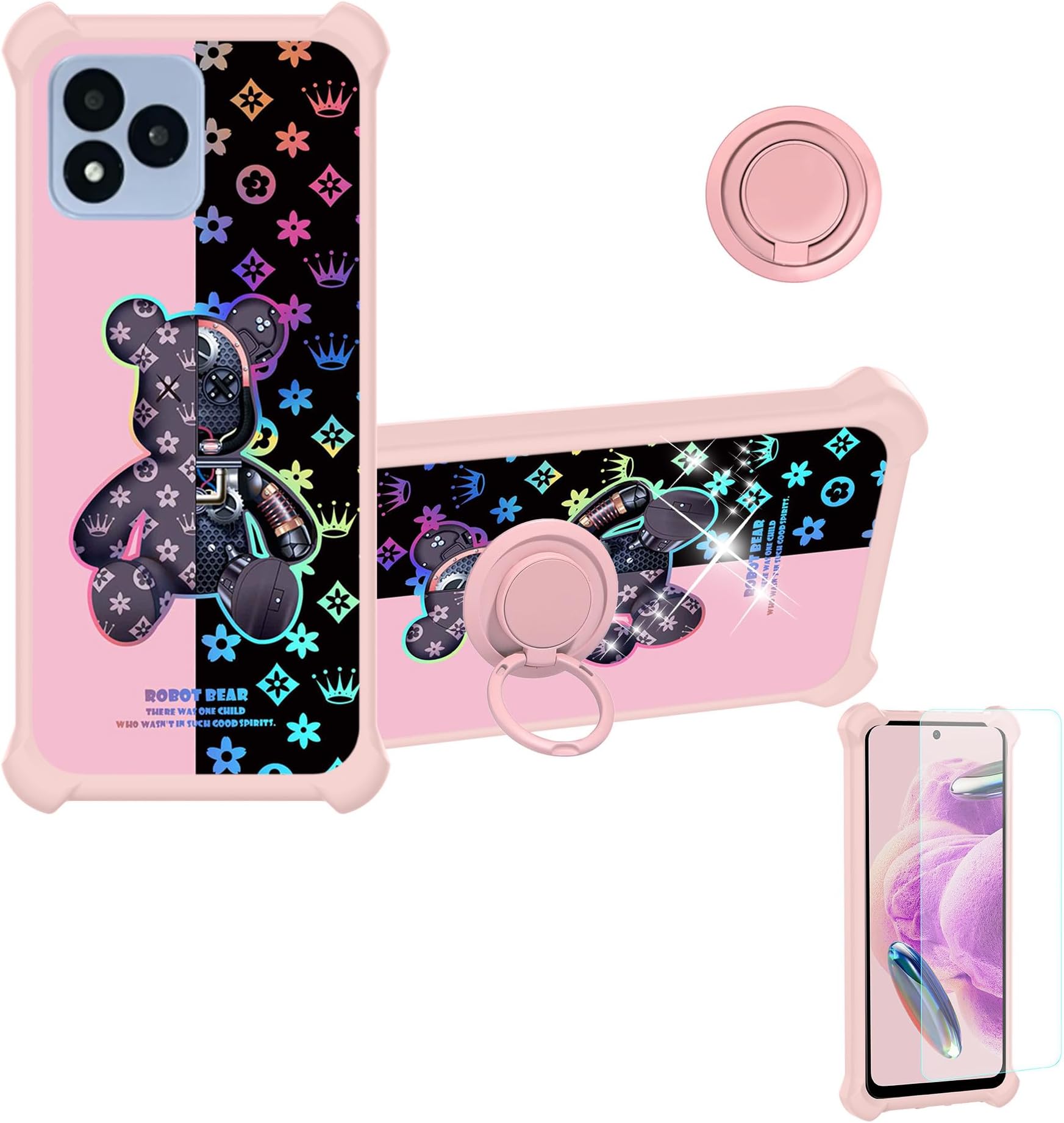 Case Compatible for Vortex J24 Phone Case Cover [with Tempered Glass Screen Protector][Hard PC + Soft Silicone][Ring Support] [Colorful Reflect Light] IMDF-JXX