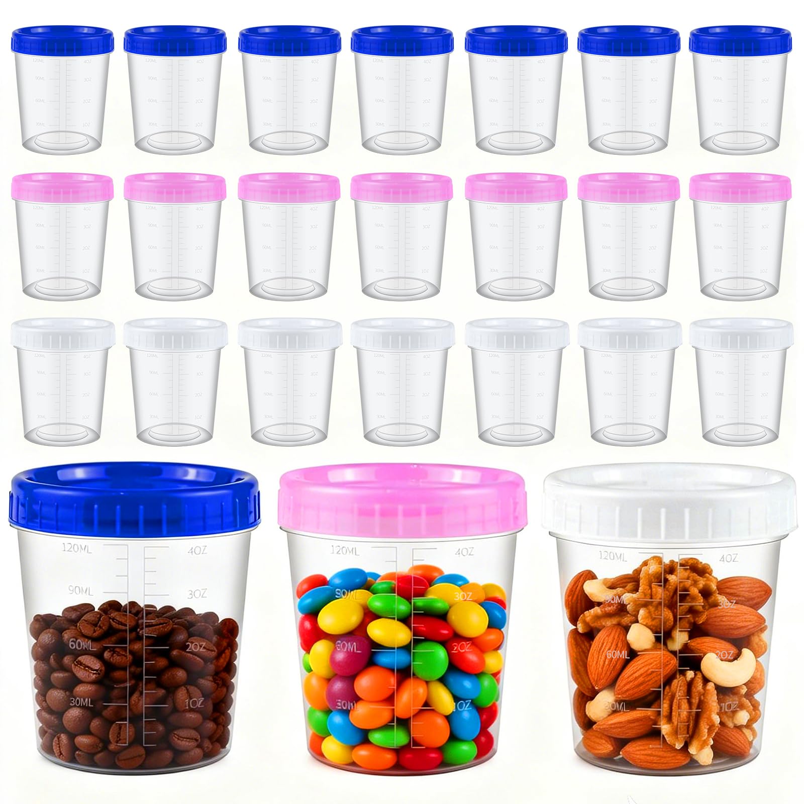 HHXUUAN 24 Pieces Plastic Small Food Containers with Lids Airtight, 4 Oz/120ML Plastic Snack Pots Containers with Graduation,Reusable Mini Storage Jars for Sauce Jelly Yoghurt Spice Jam