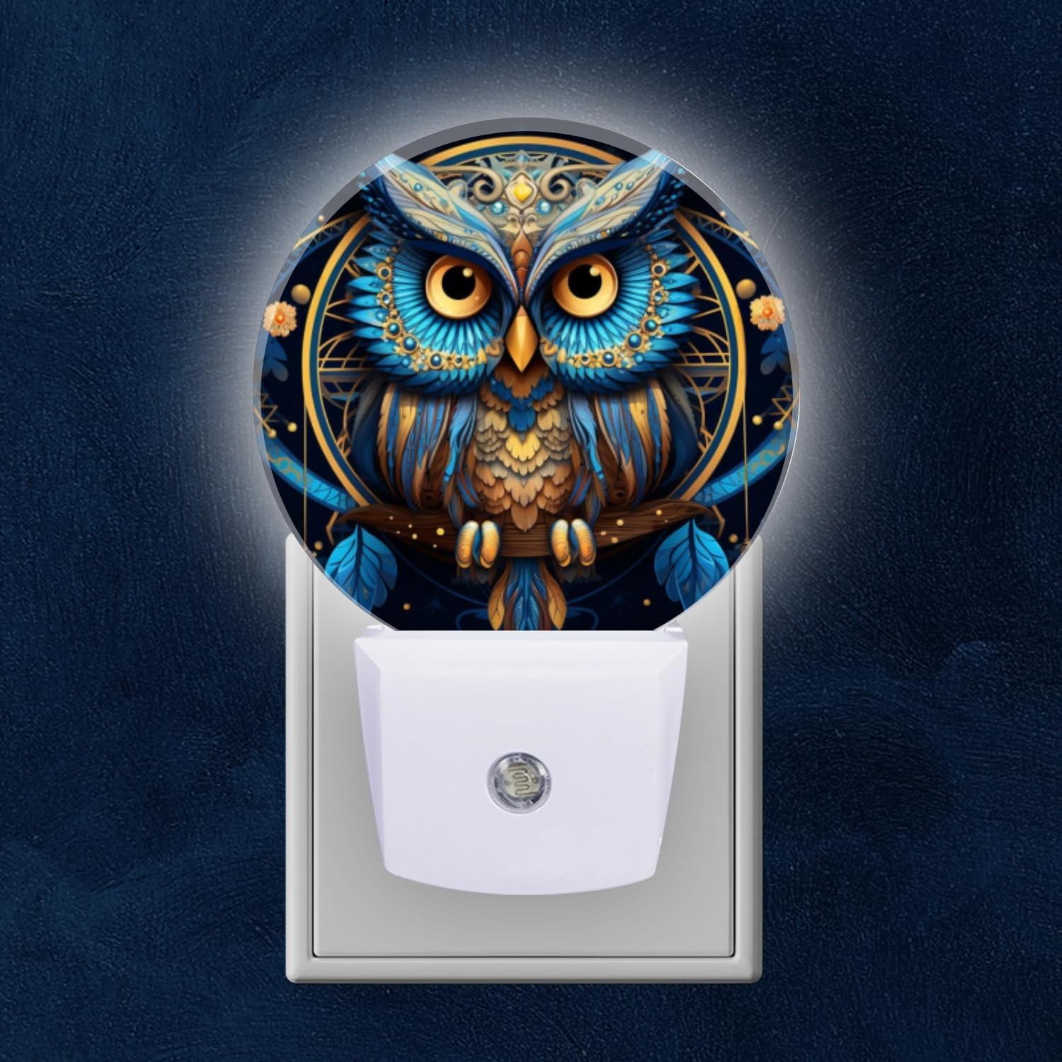 Round LED Night Lights Lamp with Dusk to Dawn Sensor, Blue and Gold Owl Dream Catcher of Symmetrical Design Night Light Plug Into Wall for Kids Room, Bedroom, Bathroom, Kitchen, Hallway