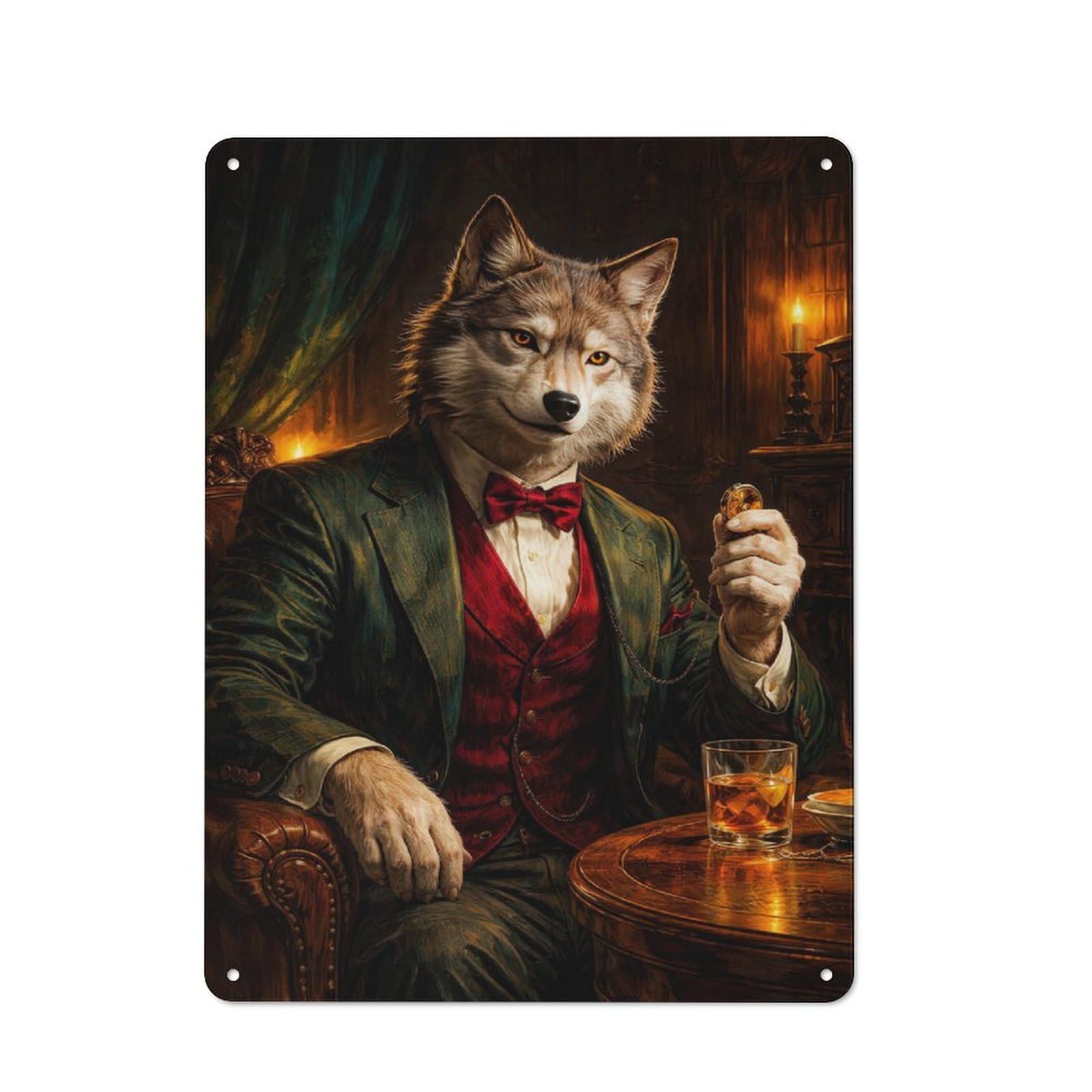 Anthropomorphic Wolf in Formal Attire Retro Metal Wall Decor 40x30cm, Retro Metal Sign for Garage, Hobby Room, Office Or Man Cave