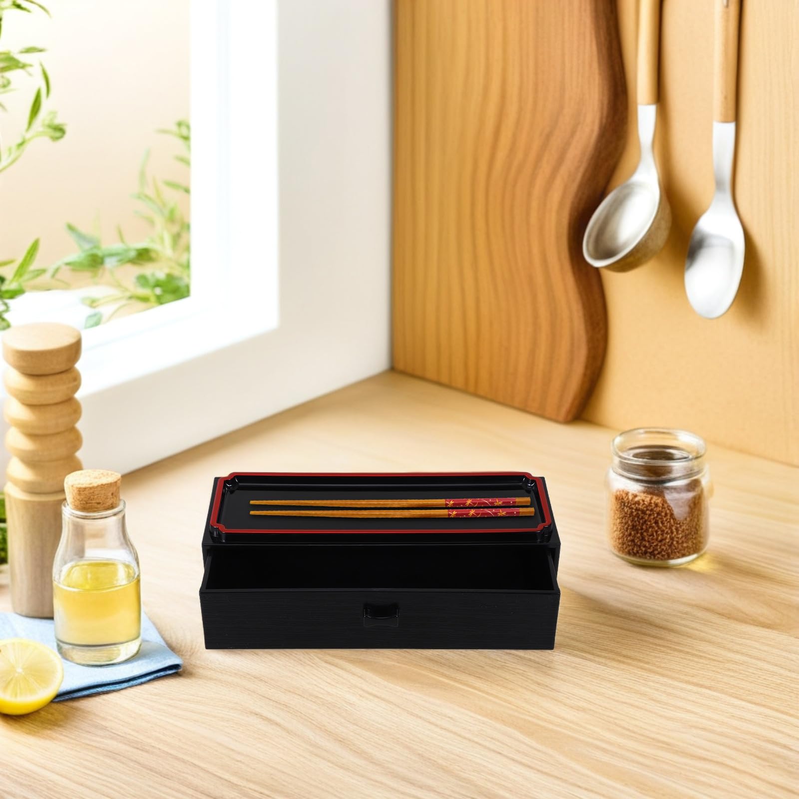 Operitacx Caja Organizadora para Palillos y Cubiertos de Madera Negra Diseño Japonés, Extraíble y Portátil, Contenedor para Almacenamiento Higiénico en Cocina, 1 Unidad