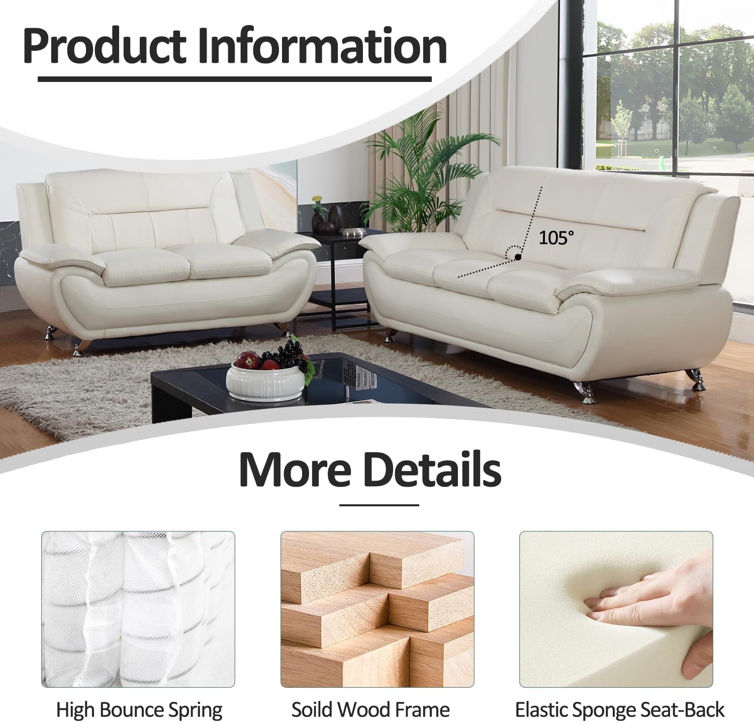 3 Pieces Living Room Furniture Set, Artificial Leather Sofa Set, Sofa and Loveseat, Modern Couch Set for Living Room/Bedroom/Office/Apartment (Creamy White, Chair)