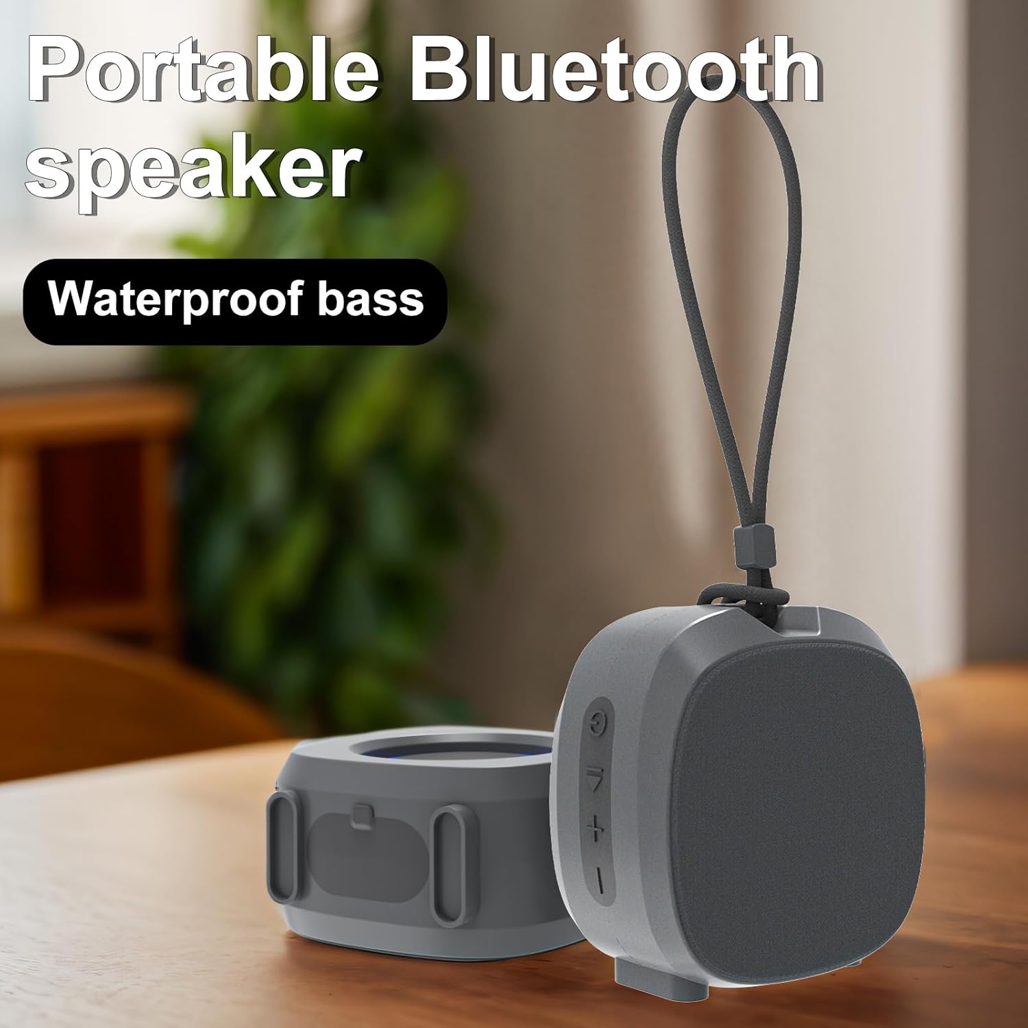 A hand holding a smartphone connected to the ZZB WP-03B speaker via Bluetooth, playing music.