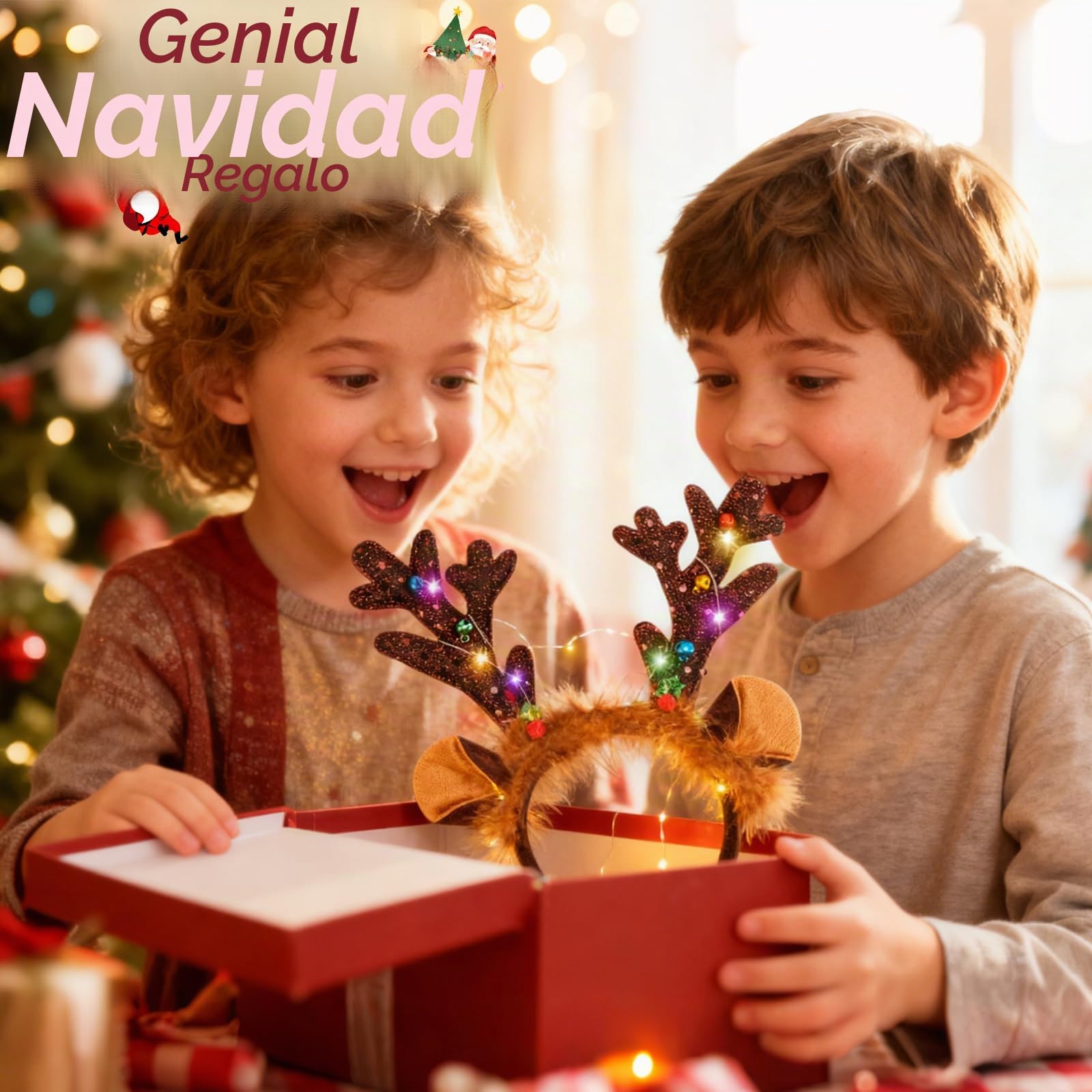 2 Diadema Navidad, Diademas Navideñas con Luces Set Incluye 2 Pegatinas de Rubor, Diadema Reno Navidad, Diademas Navideñas con Cascabeles Apto para Niños y Adultos