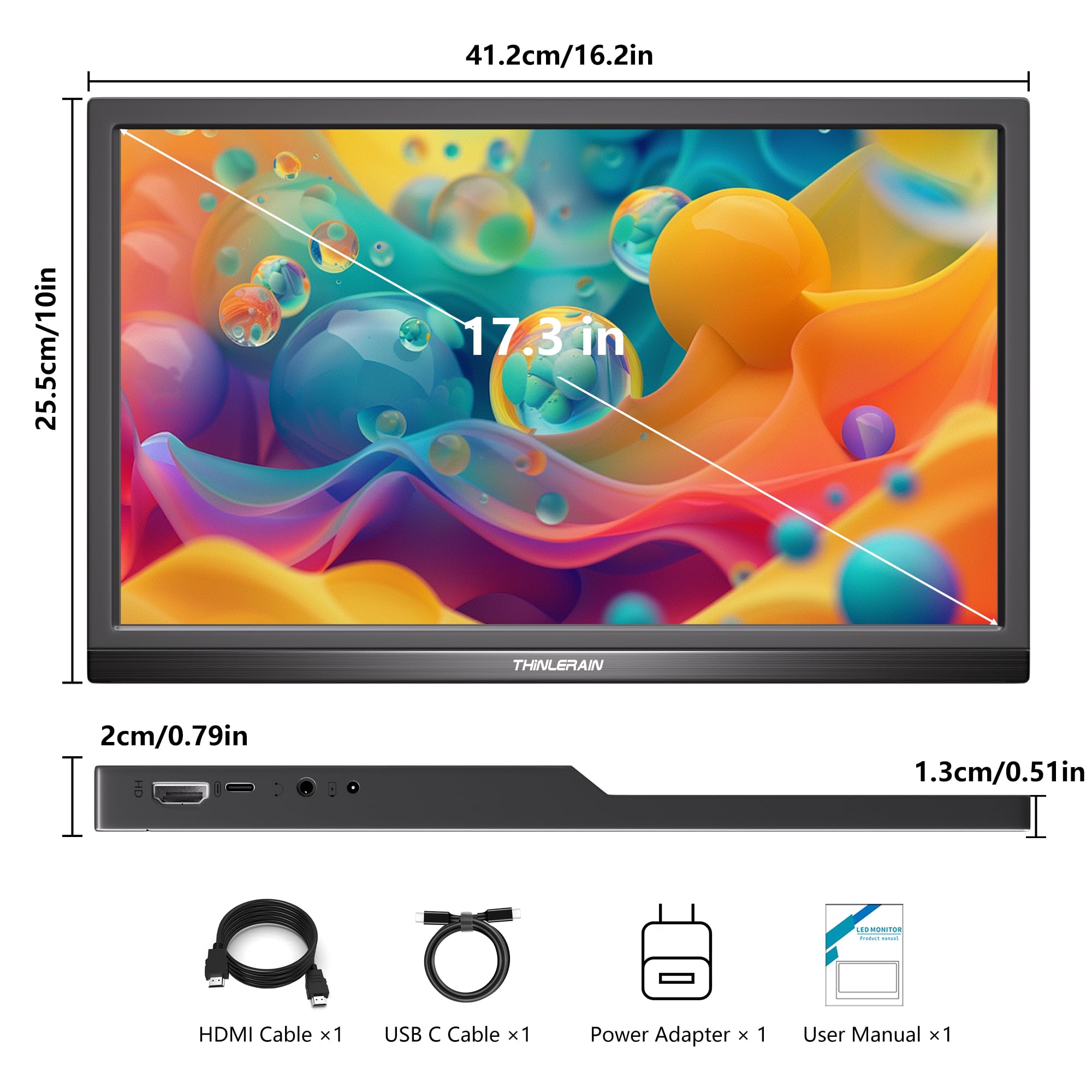 Thinlerian 17,3 Zoll Tragbar Monitor, 1600 x 900 HD Bildschirm mit USB-C und HDMI, Zwei Lautsprechern, als externes Display oder zweiter Bildschirm für Laptop, PC und Smartphone