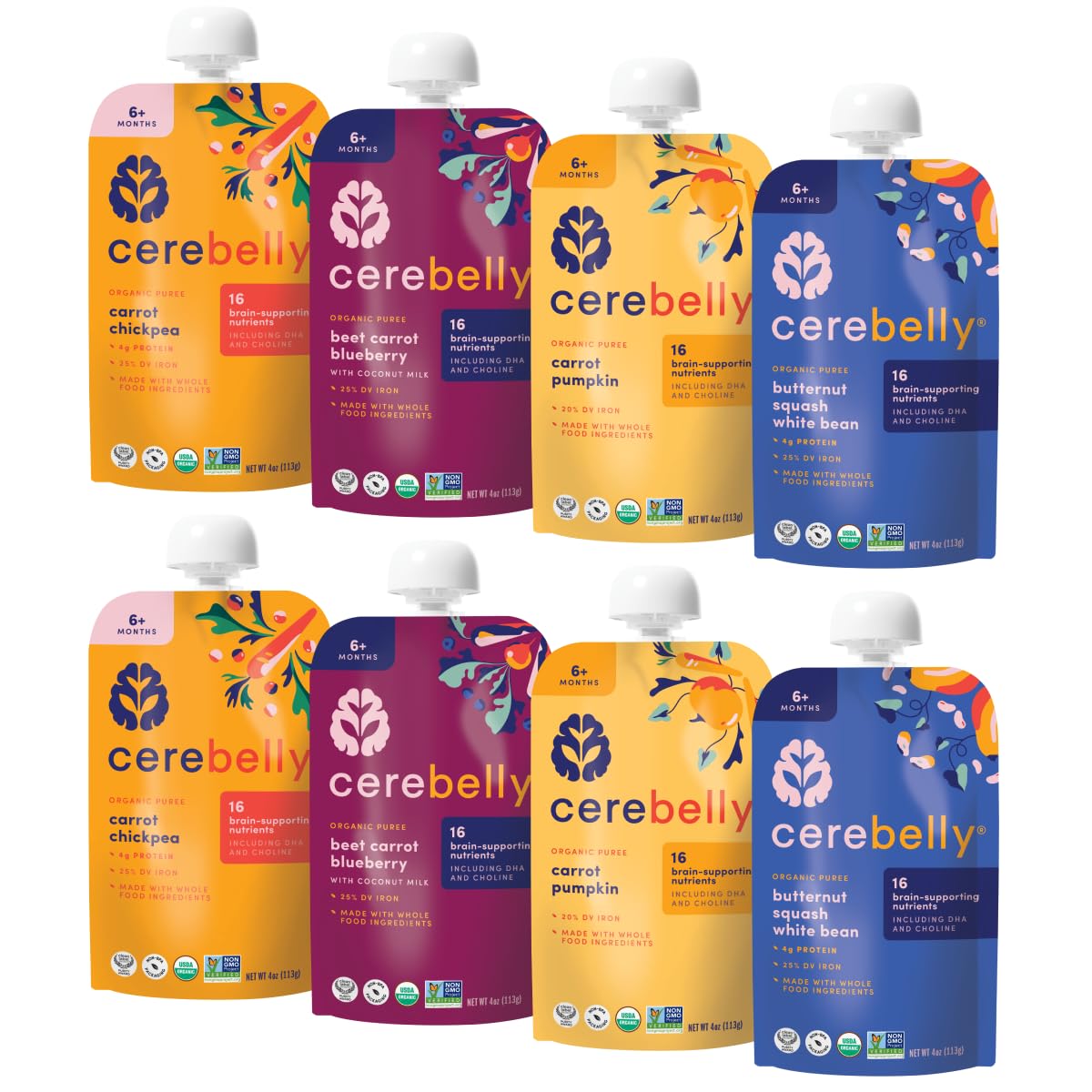 Cerebelly - Alimento orgánico para bebés en bolsitas, puré de verduras orgánico, 16 nutrientes, sin azúcar añadido, sin OMG, para niños pequeños, 113 g, sin BPA, 4 sabores, paquete de 8