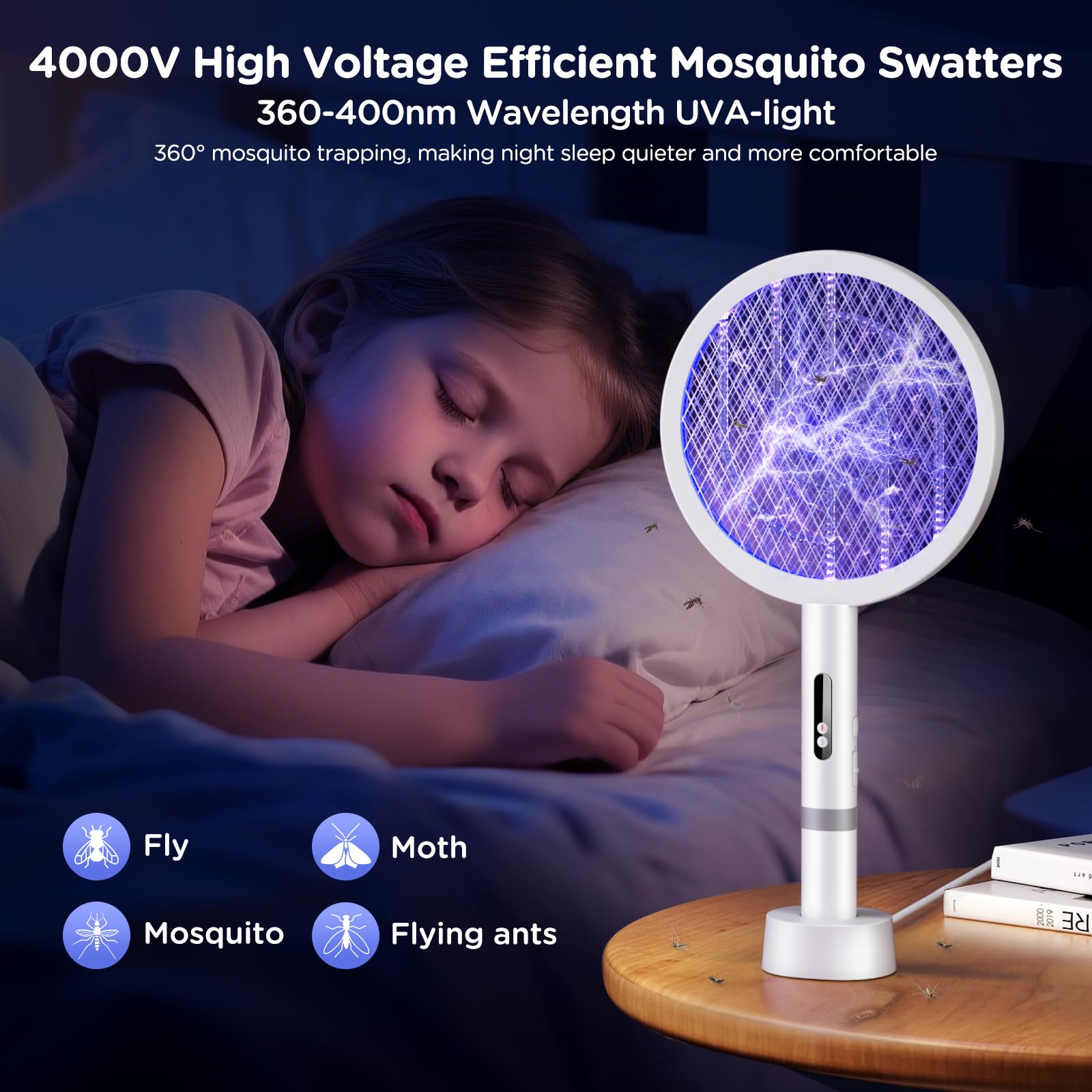 2in1 Racchetta Zanzare Elettrica,4000V Racchetta Mosche Elettrica,1800mAh Racchetta Antizanzare,Base di Ricarica USB,Protezione Maglia a 3 Strati,Racchetta Elettrica per Casa Interni e Esterni