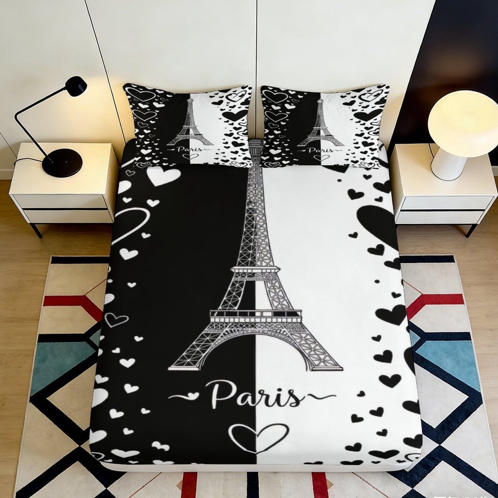 3D Printed Eiffel Tower Fitted Sheet Soft Microfiber Deep Pocket Paris Mattress Fitted Cover Non-Slip Elastic Hem for Adult Bedroom Bedding 90x200x25cm