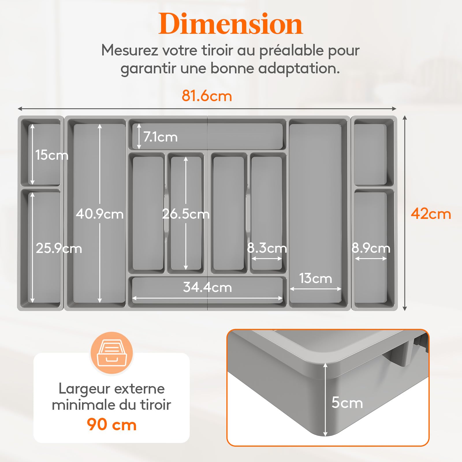 Lifewit Organisateur Couverts Cuisine, 81.6 × 42 cm Rangement Couverts pour Tiroir de 90 cm, Porte-Ustensiles de Cuisine Amovible, Plastique Support Argenterie, Couteaux, Bureau Accessoires, Gris