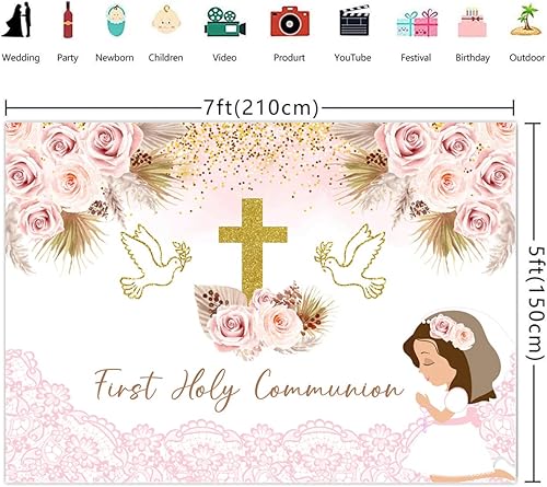 Miniatura 3 de Fondo de decoración de bautismo de 1 comunión de 7 x 5 pies, pancarta de bautizo con puntos dorados, rosa, bohemio, palomas florales, fondo de
