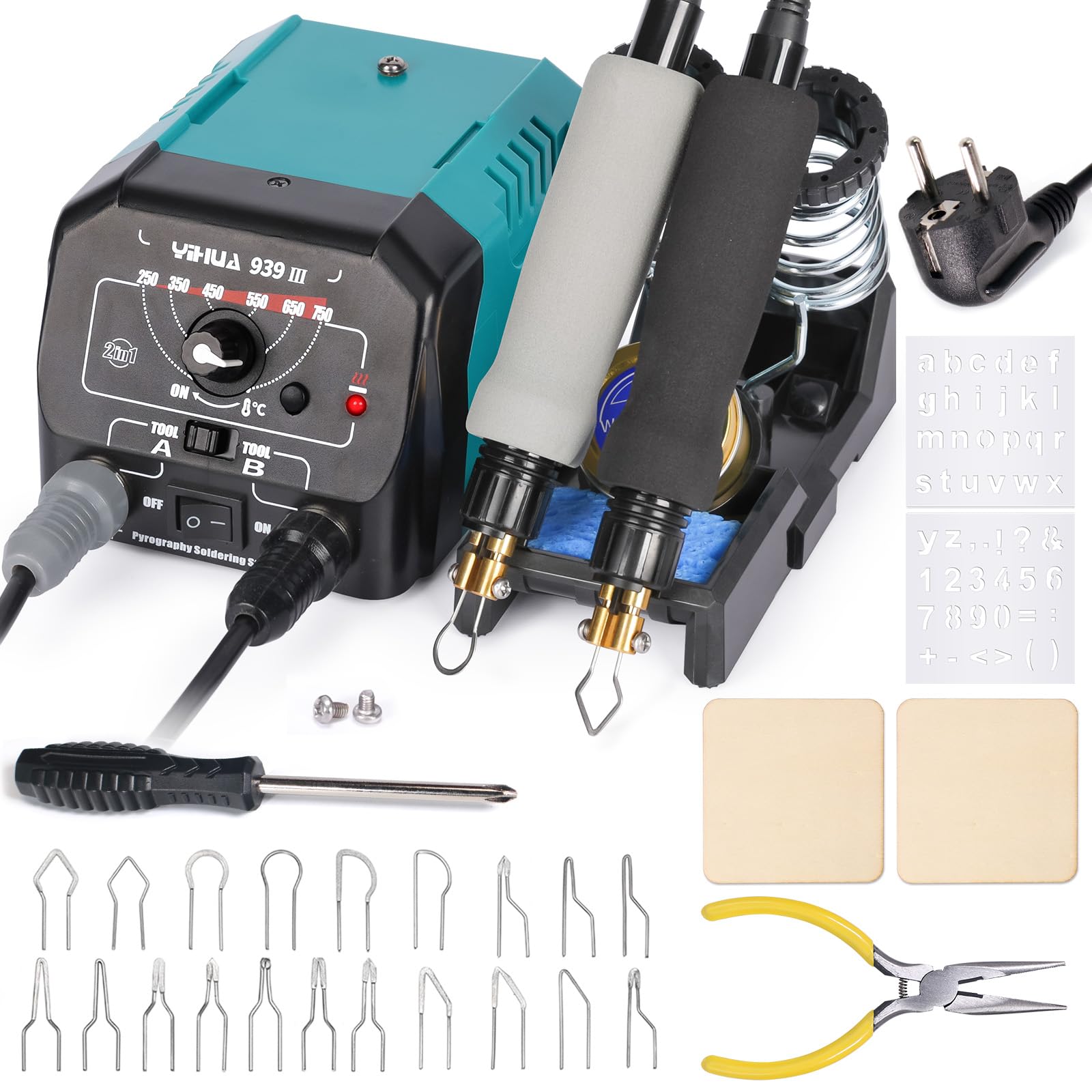 YIHUA 939-III Kit Pirografo Per Legno 2 Penna Pirografica con Pennino a Filo 2-IN-1 con 20 punta a filamento(EU PLUG)