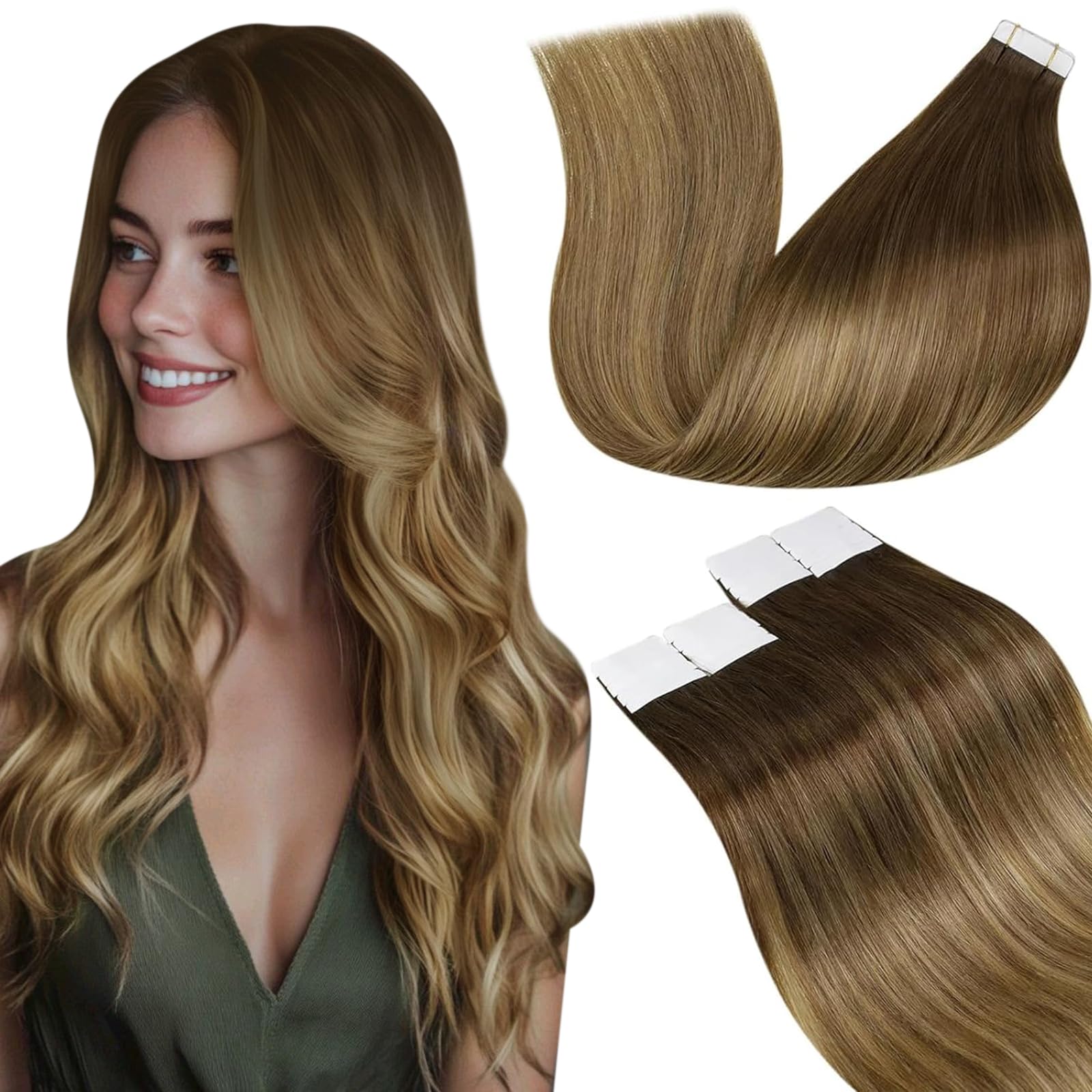 LaaVoo Brown Hair Extensions Tape in Human Hair Tape in Hair Extensions Ombre Medium Brown to Light Brown Mix Golden Brown Tape ins Human Hair