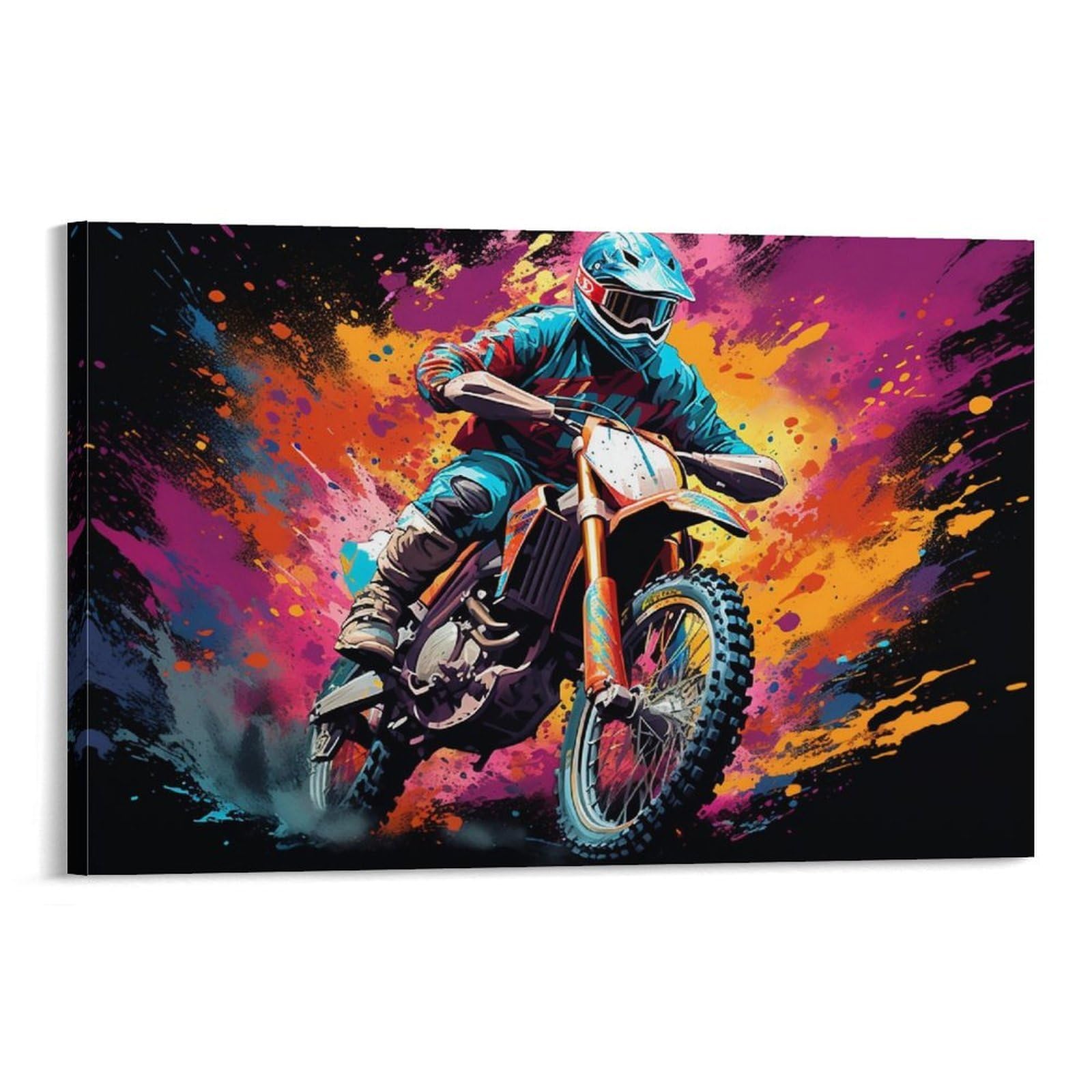 CPLVKWRQJ Bright Magical Colorful Individual Motocross Paint Splash Art Canvas Wall Hanging - Office Wall Focal Art Fade Resistant Statement Piece Decor 20x30inch(50x75cm)