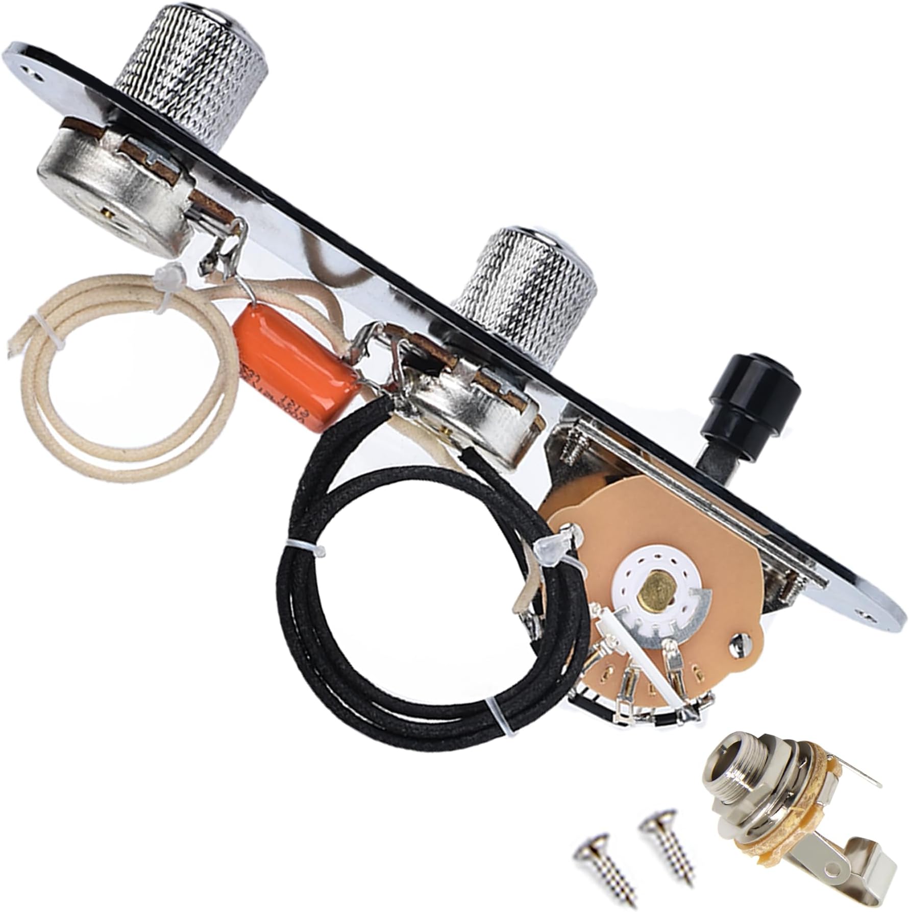 Fully Loaded Guitar Control Plate, Prewired 3-way Blade Switch Large Potentiometers Orange Capacitor, Knurled Volume Tone Controls Knobs Fit for Guitars with Single Coil Pickups, Chrome