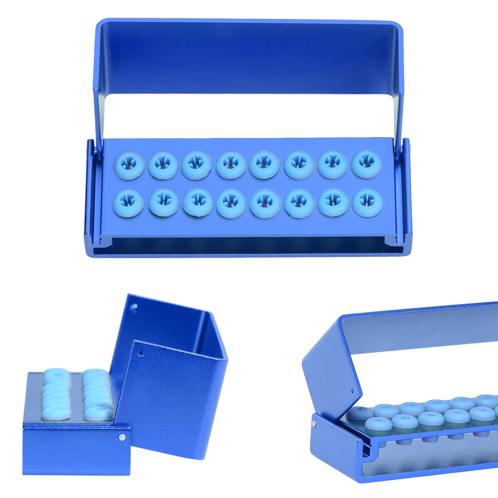 OUBO 3PCS 16 Holes Burs Disinfection Box, Aluminium Alloy Box Bur Holder Block Drills Stand Nail Dentistry Organizer Autoclavable Care Tools (Blue)