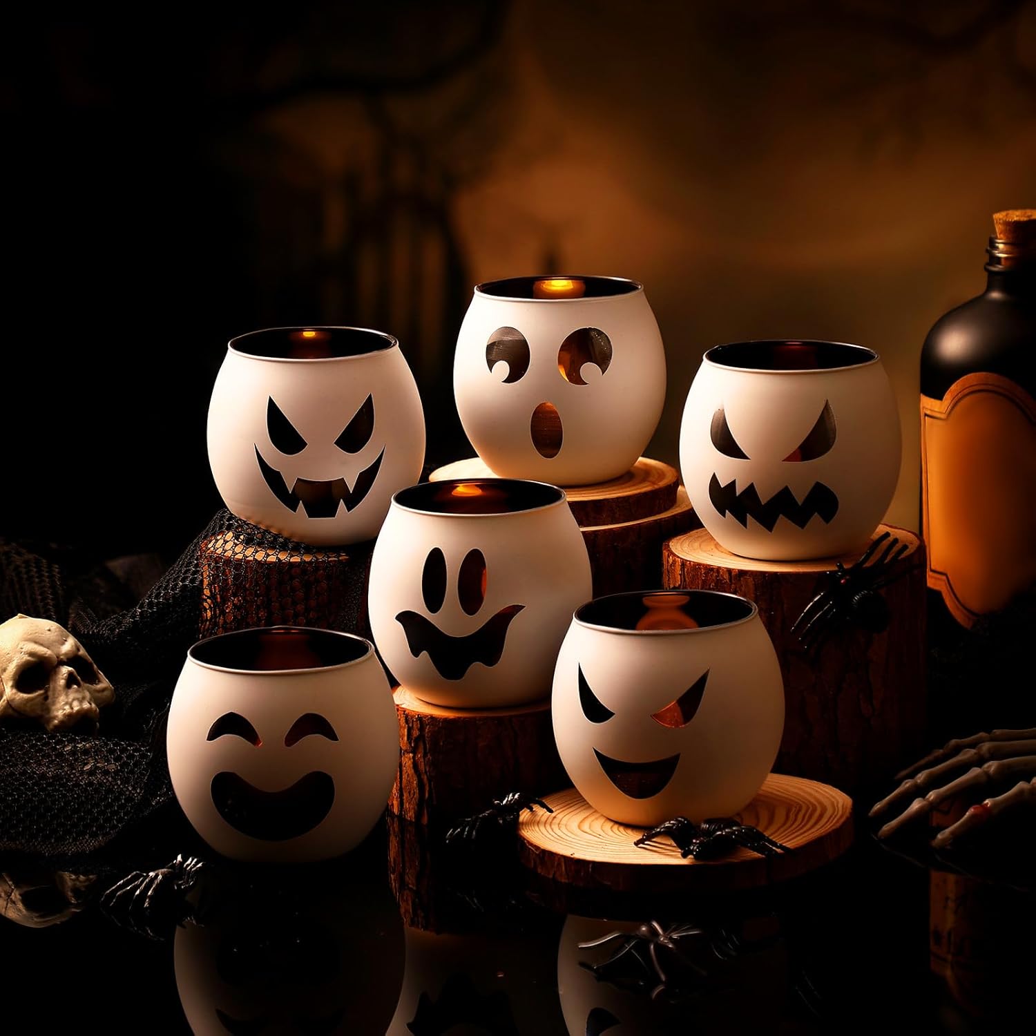 6 pcs halloween white votive candle holder ghost votive candles holder flameless candles with 6 laser engraving patterns for halloween ghost party decor white ghost