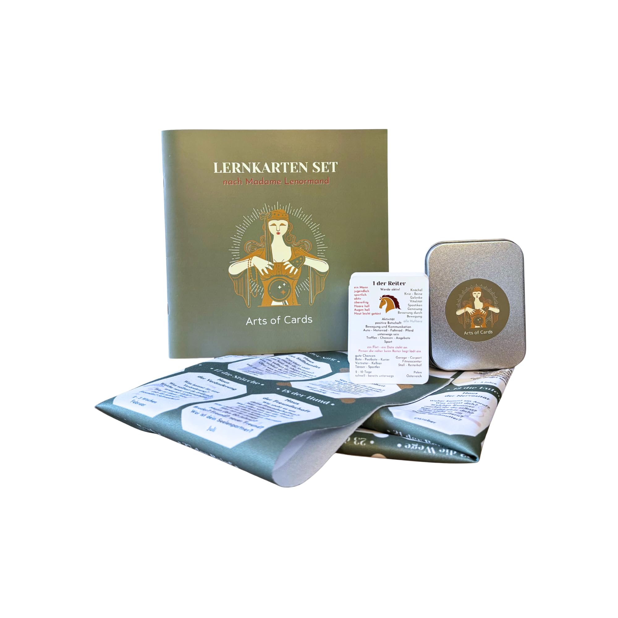 Lenormand Lernkartenset 9x4 für Anfänger und Fortgeschrittene | Grand Tableau Lenormanddeck, Legeschablone als Tuch, Booklet, Kartenlegen lernen