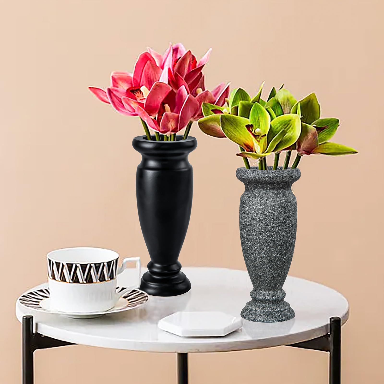 Jarrón de cementerio, jarrón de resina para tumba, para mesa del hogar, flores artificiales o frescas, decoración de lápida de tumba de cementerio (2 piezas, gris), flor no incluida, sin agujero de