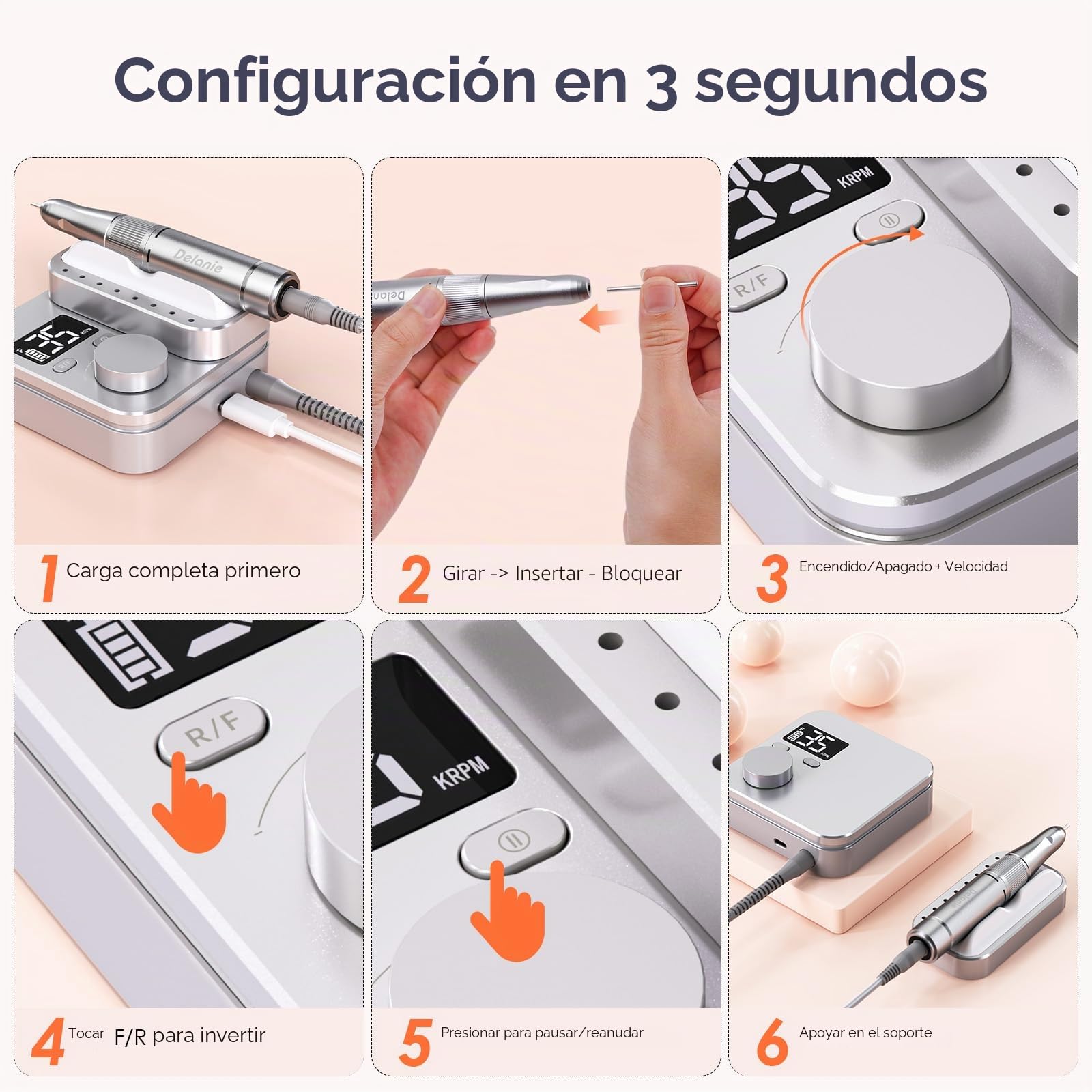 Delanie torno para uñas inalámbrica profesional 35000 RPM, lima de uñas eléctrica recargable con pausa bonton para manicura y pedicura | Manicura de uñas acrílicas con 7 brocas para uso doméstico y salón recargable