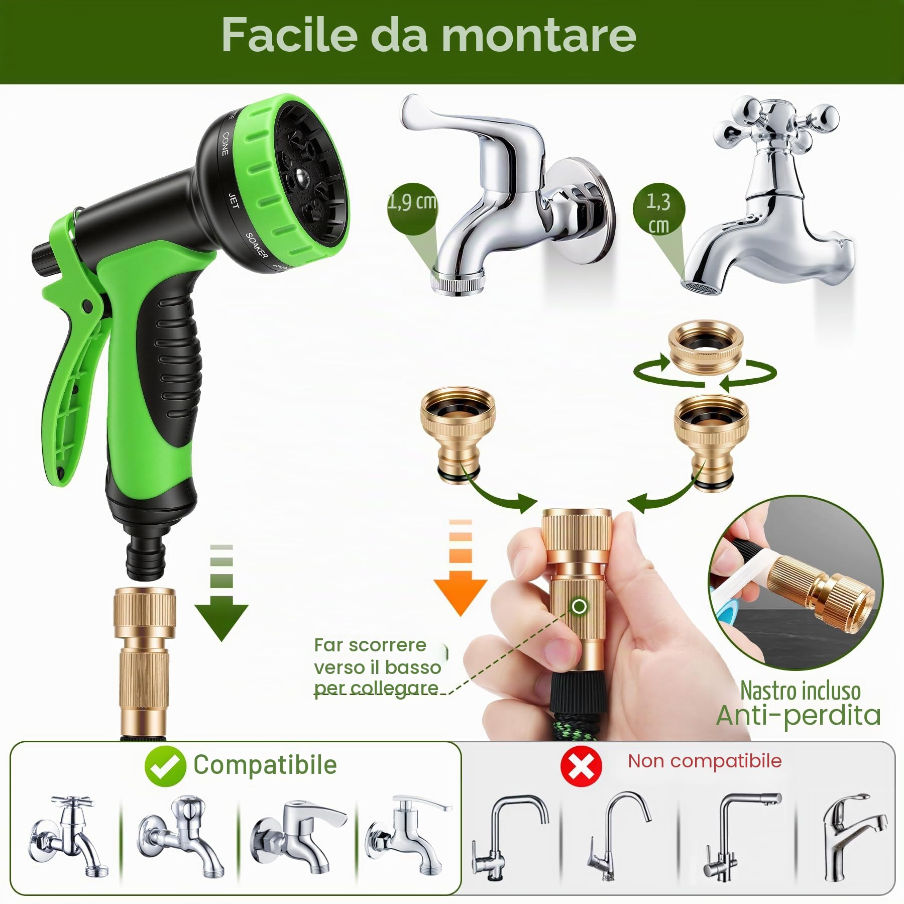 Tubo Acqua Giardino Estensibile 30m, Pistola Acqua a 10 Modalità di Spruzzo, Tubo Flessibile Antigroviglio con con Adattatori 1/2" e 3/4", per Autolavaggio, Giardino, Prato, Bagni Animali