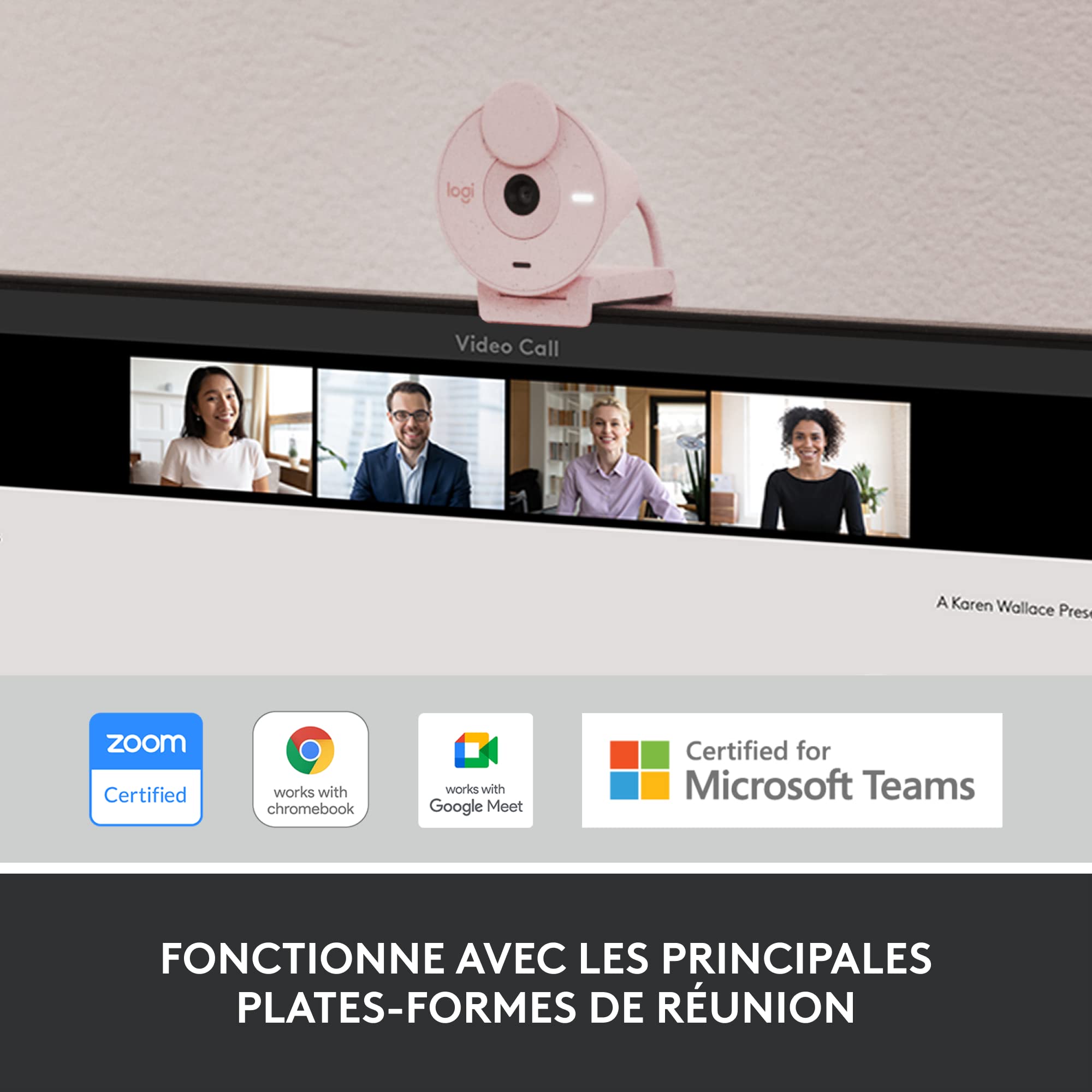 Logitech Brio 300 Webcam Full HD avec confidentialité, micro à réduction de bruit, USB-C, Certifié pour Zoom, Microsoft Teams, Google Meet, Correction automatique de l’éclairage - Rose