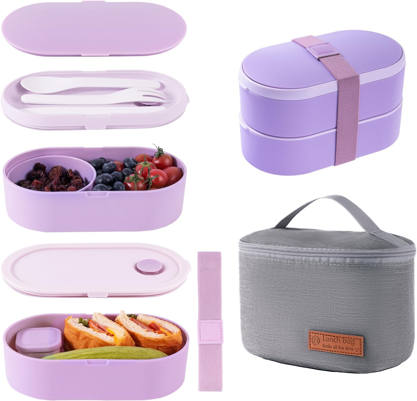 Bento Lunch Box Set -2 Stackable Adult And Women's Lunch Boxes - Including Lunch Bag, Leak Proof And Bisphenol Free A - Built-In Cutlery Set - Dishwasher Safe (Purple)