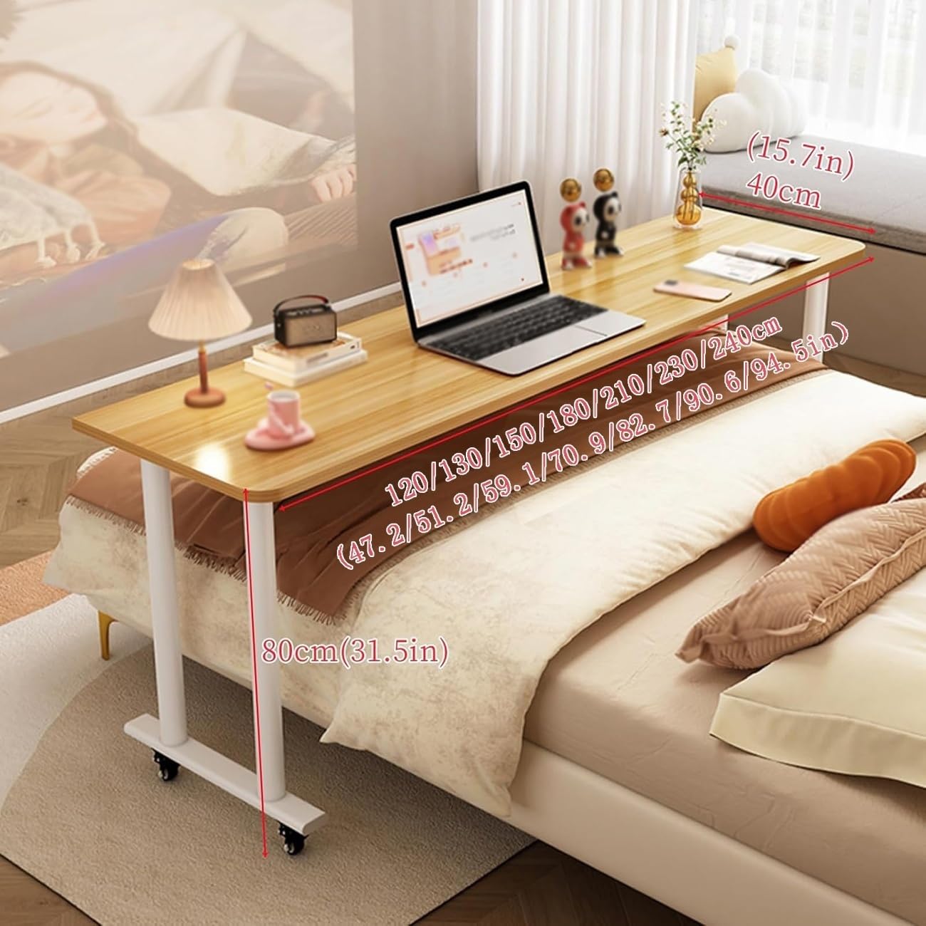 Mobilny Stolik Przyłóżkowy Na Kółkach, Stolik Nad Łóżko Z Zabezpieczeniami Krawędzi, Mobilny Blat, Idealny Do Każdego Pomieszczenia W Domu(Milk Coffee,120x40x80cm)