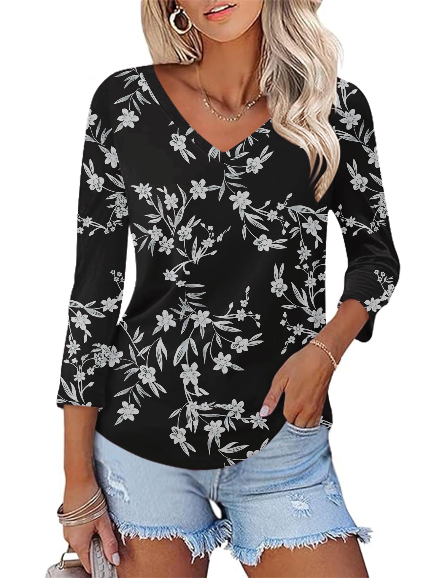 Rapbin Bluse Damen 3/4 Ärmel Langerm V-Ausschnitt Elegant Oberteile Locker Tops Sommer 2026 Tunika Lässig Blusen