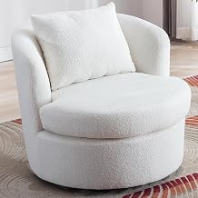 INZOY Swivel Barrel Chair with Teddy Velvet, Fully Assembled Swivel Accent Chair, Sherpa Swivel Chair with Removable Cushion&Plump Pillow, Comfy Swivel Round Accent Chair for Living Room, White