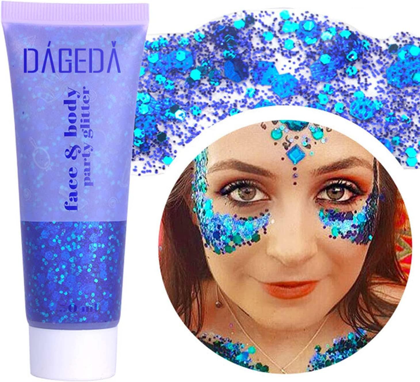 Prreal Body Glitter Gel 50ml, Face Glitters Body Gel Sequins Shimmer Liquid Eyeshadow, Chunky Glitters for Face Hair Nails, Holographic Cosmetic Laser Powder Festival Glitter Makeup#Blue