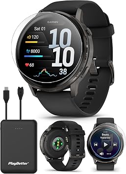 PlayBetter Garmin Venu 4 Slate/Black, 45mm Fitness GPS Smartwatch Bundle | AMOLED Display, Built-in LED Flashlight, Long Battery Life | Includes 5000mAh Portable Charger & HD Screen Protectors