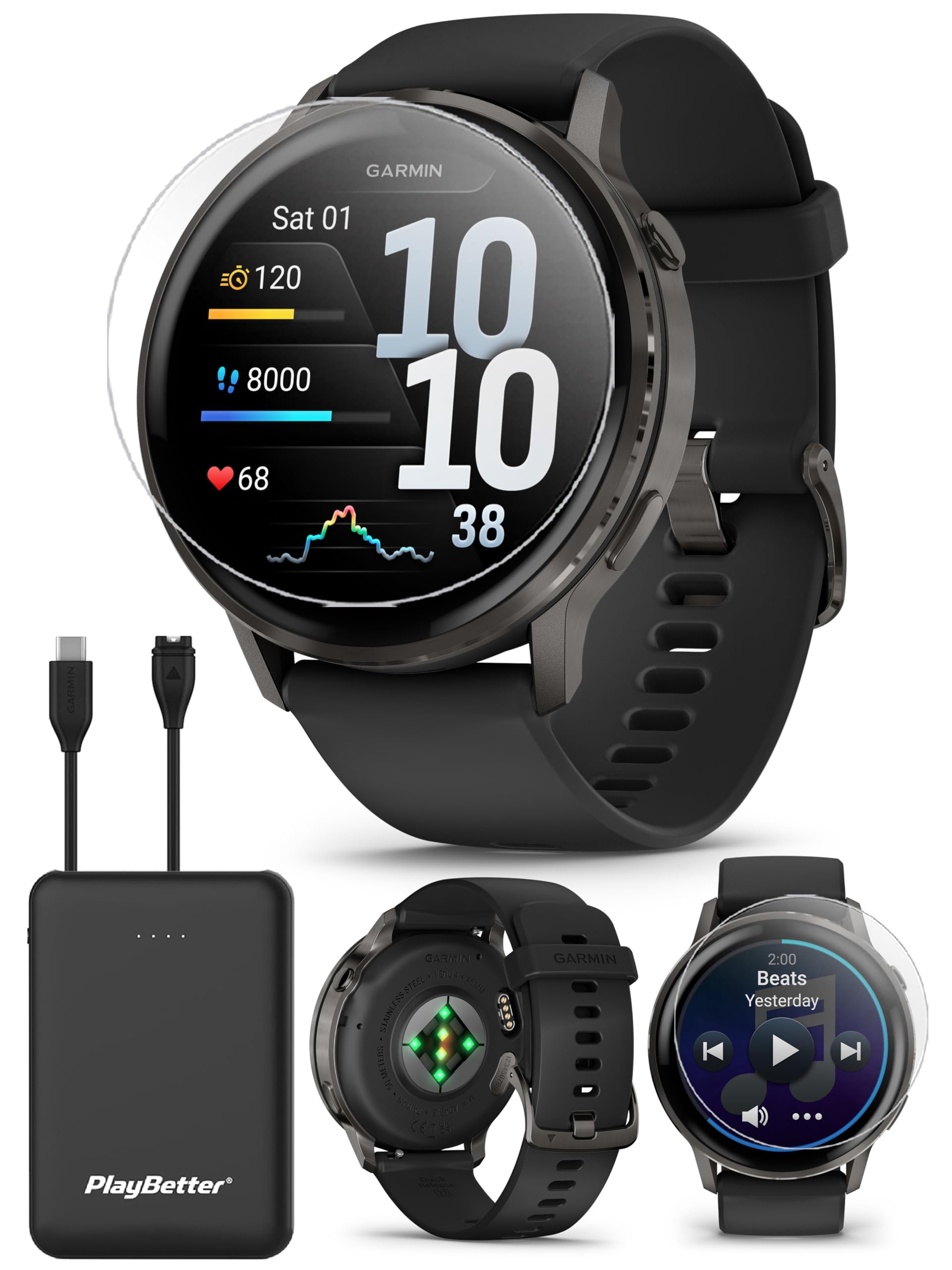 Venu 4 (Slate/Black, 45mm) Fitness GPS Smartwatch PlayBetter Bundle