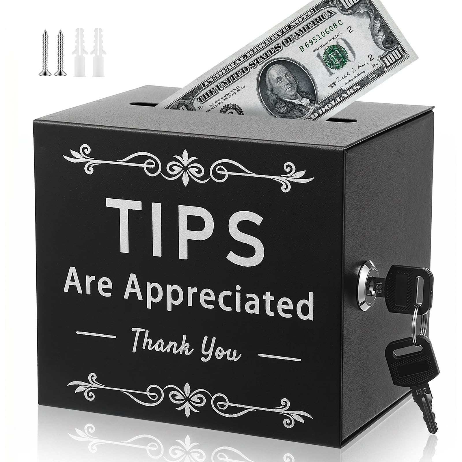 Metal Tip Jar with 2 Keys, Lockable Donation and Suggestion Box for Bar Cafe Restaurant, Secure Ballot and Raffle Box for Countertop and Fundraising Events, 6 x 4 x 5 Inches(Black)