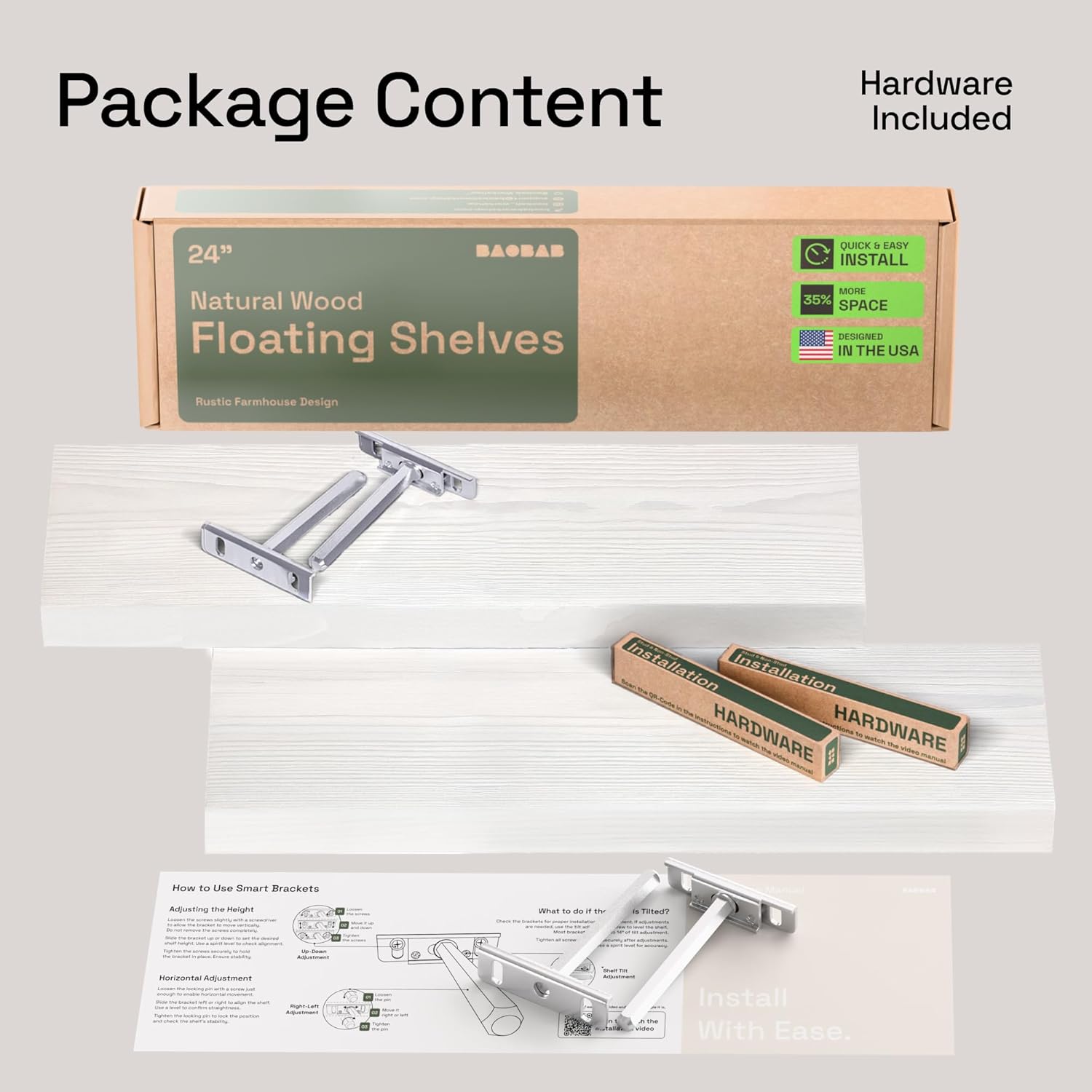 BAOBAB WORKSHOP Wood Floating Shelves for Bathroom Wall - White Shelves for Bedroom Kitchen Living Room - Solid Wood Shelves - White - 24 x 6.7 Inch, Set of 2