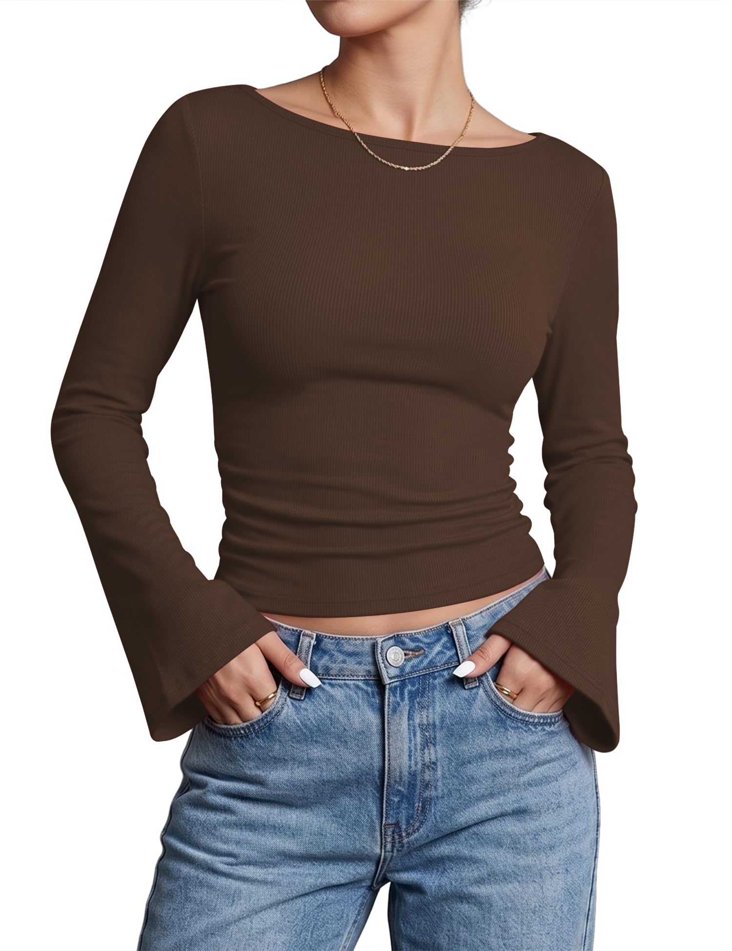 Rapbin Langarmshirt Damen U-Boot-Ausschnitt Elegant Blusen Damen Basic Top | Langarmshirt Damen,Blusen Damen,Basic Shirt,Herbst Outfit,U-Boot-Ausschnitt,Glockenärmel,Slim Fit,Elegant und vielseitig