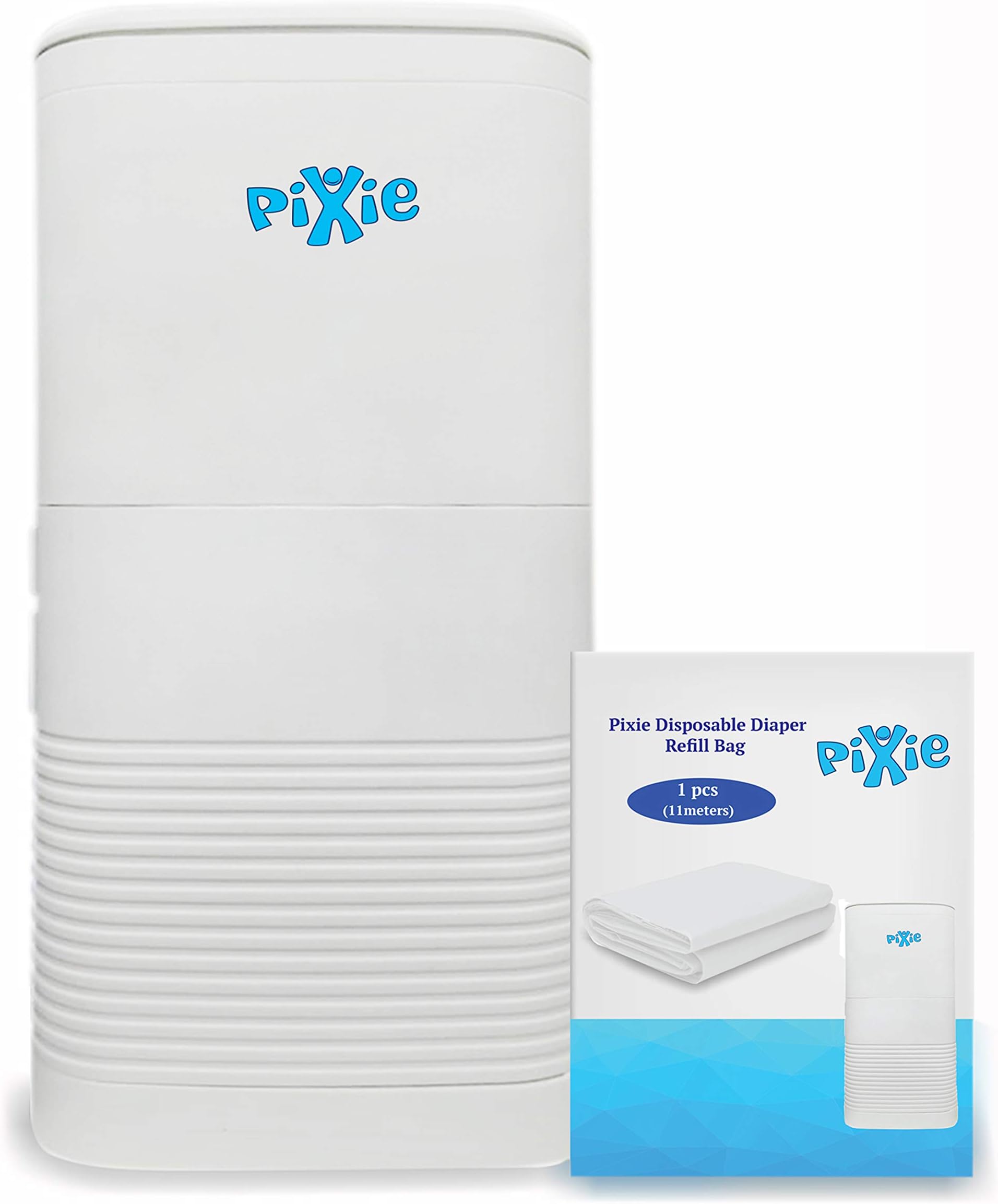 Pixie Disposable Diaper Pail Trash Bin With Inner Lid And Safety Lock Garbage Can + Refill Bag Free, White, Vg-Bnt02+03