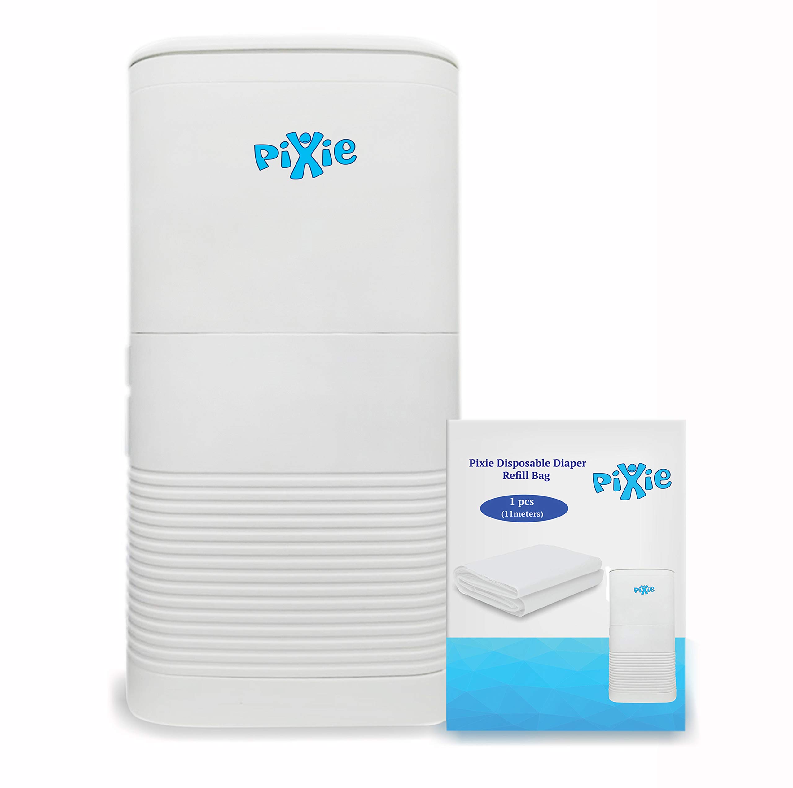 Pixie Disposable Diaper Pail Trash Bin With Inner Lid And Safety Lock Garbage Can + Refill Bag Free, White, Vg-Bnt02+03