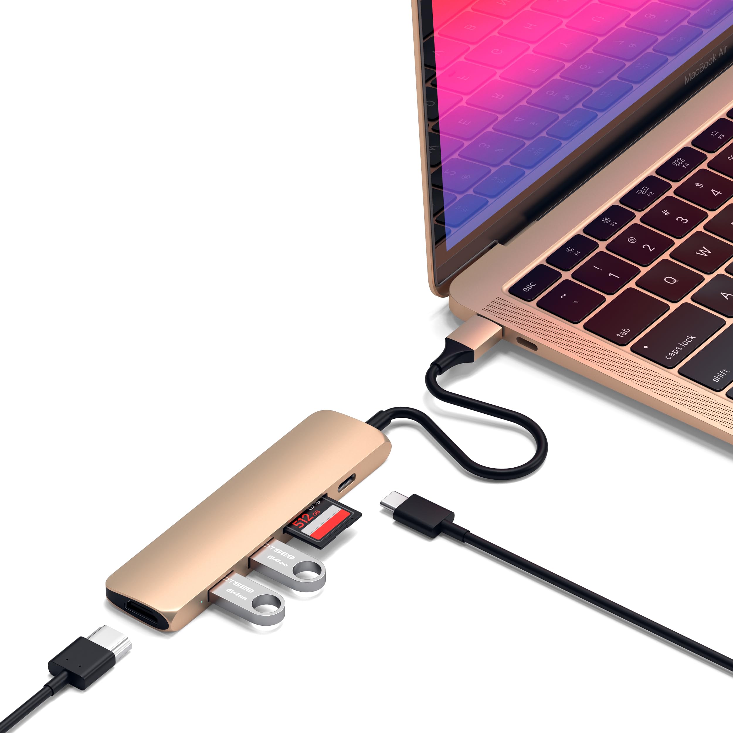 Satechi USB C Hub Slim Multiport Adapter V2 with 60W USB C PD, 4K HDMI (60Hz), Micro/SD Card Readers, USB 3.0 - for MacBook Pro &amp; MacBook Air M2/M1, iPad Pro/Air M2/M1, Mac mini, iMac (Gold)