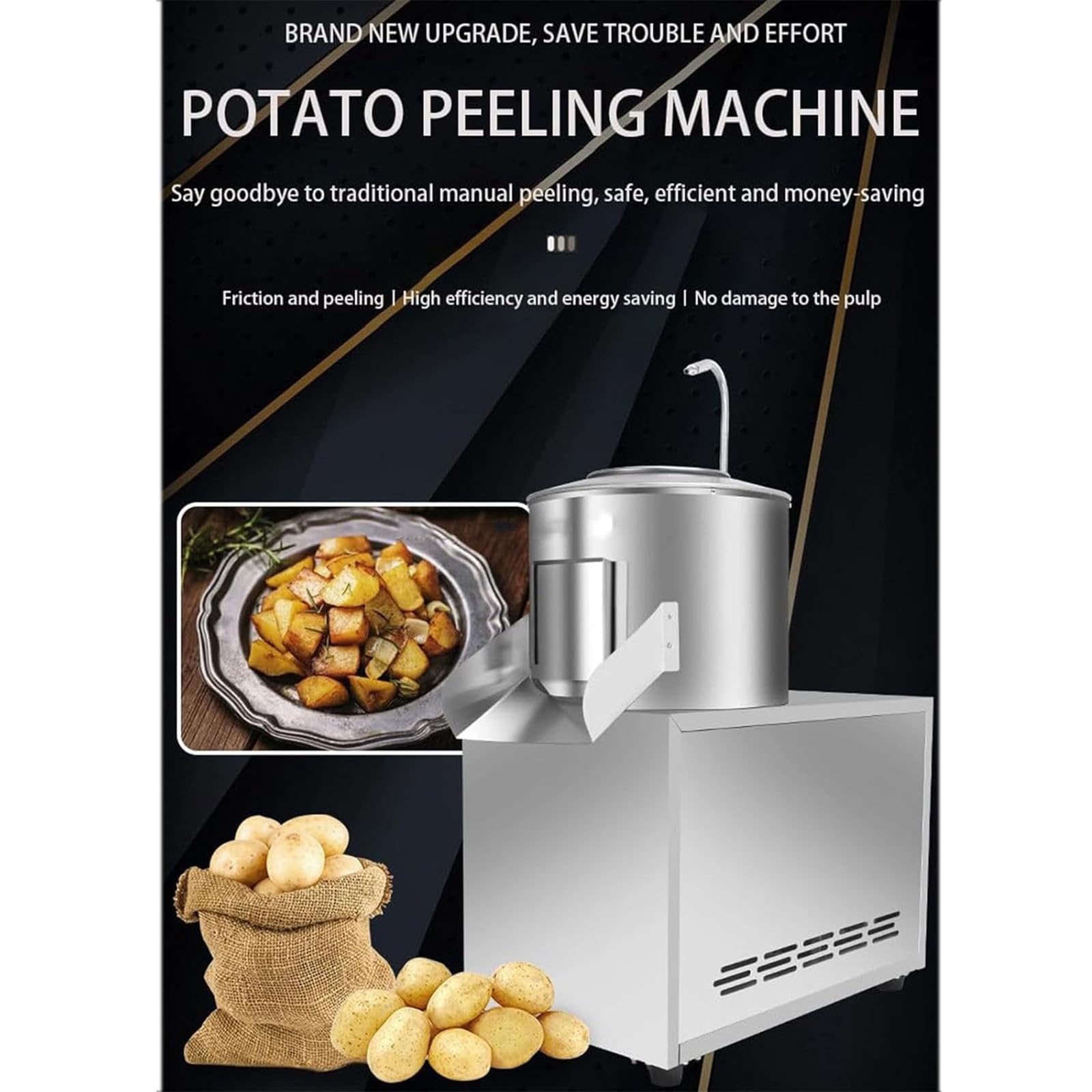 Peladora Patatas Eléctrica, Peladora Comercial Frutas Y Verduras con Pared Interior Acero Inoxidable Y Tubería Agua Descarga Universal,Salida 220kg/h, Uniforme Completo Sin Daños, para Jengibre