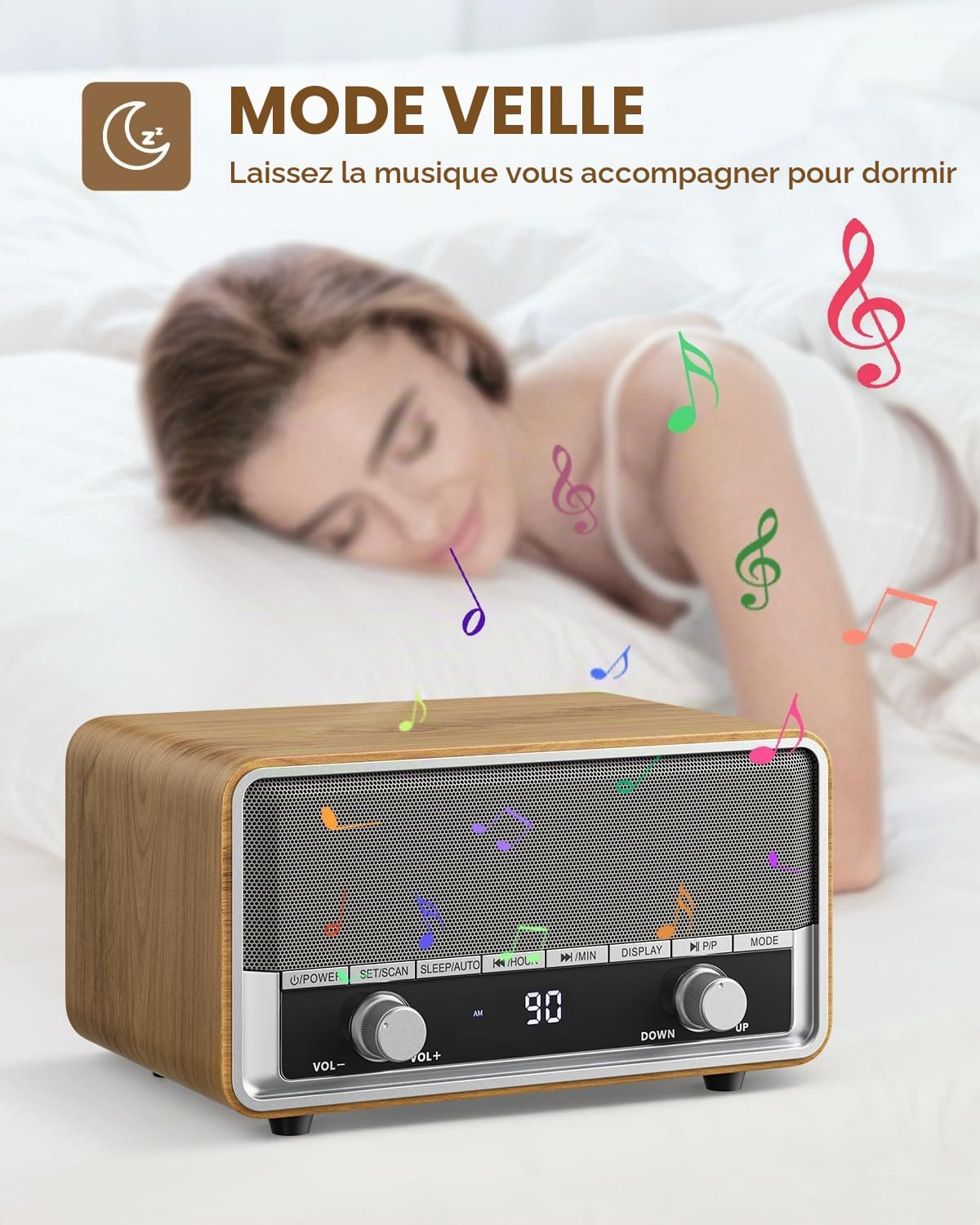 Radio AM FM rétro avec prise murale numérique pour chambre à coucher avec écran LCD, 40 préréglages, minuterie de sommeil, haut-parleur Bluetooth rétro pour bureau, excellent cadeau en bois