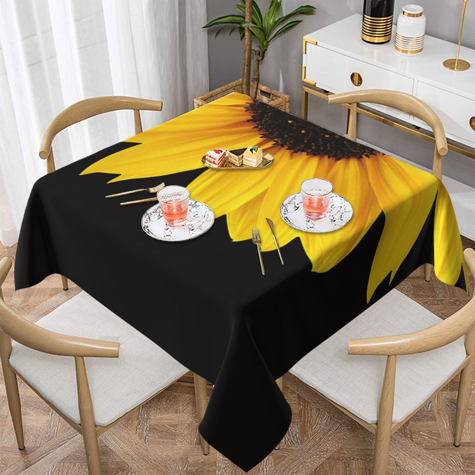 DCEHGEW Wild Flower Sunflower Prints Square Tablecloth 137x137 CM, Waterproof Fabric Table Cloth for Dining Table, Farmhouse Table Cover for Kitchen Dining Tabletop Decoration