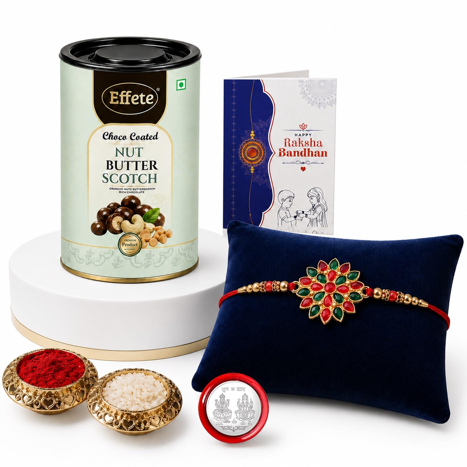 DeoDap Multicolor Bracelet/ Rakhi (K1_507_BS) & Effete Chocolate Butter Scotch with Silver Color Pooja Coin, Roli Chawal & Greeting Card | Occasion | Rakhi for brother with gift | Rakhi with chocolate |rakhi combo for brother | Set of 1 Rakhi | Rakhi Chocolate Gift combo|-image-40