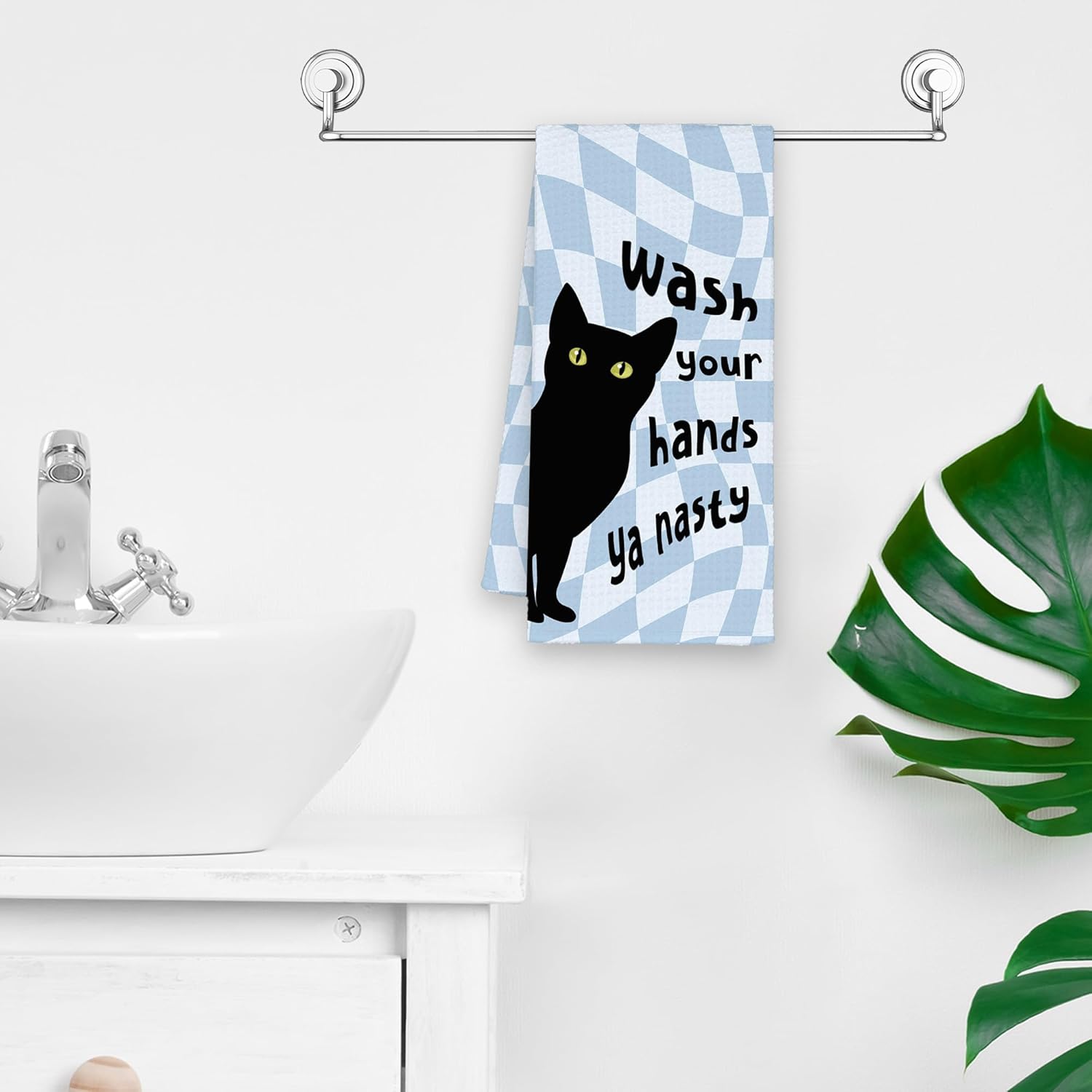 Funny Blue Black Cat Bathroom Kitchen Towels Gifts for Cat Lovers, Wash Your Hands Hand Towels for Bathroom, Cute Trendy Preppy Decorative Dish Towels Decor for Kitchen Dorm 16x24in - Image 5