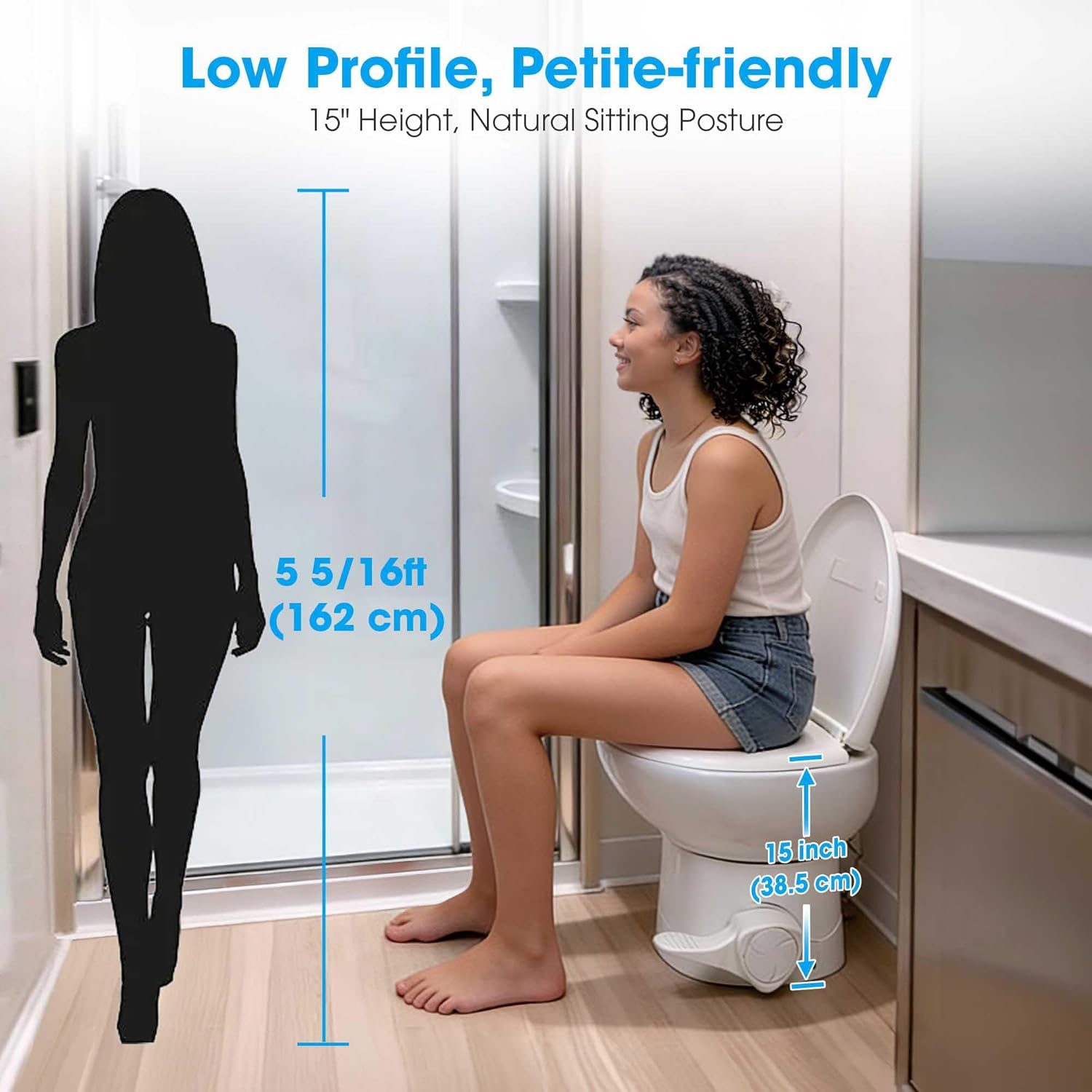 Yescom 15" RV Camper Toilet Low Profile Porcelain Enamel Gravity Flush with Bidet Spray Foot Pedal Standard 8" Dia. Floor Flange for Travel Trailer Vans, Compact Marine Toilet White
