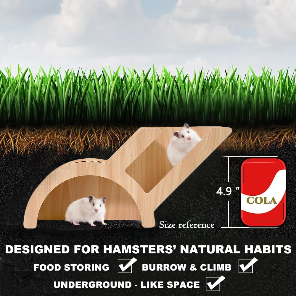 Casa para Hamster de Madera Natural Multicámara, Casa de Madera Puente Hamster, Juguete de Madera 34.5x10x15 cm para Enriquecimiento Ambiental de Hámsters, Ratones, Chinchillas y Jerbos