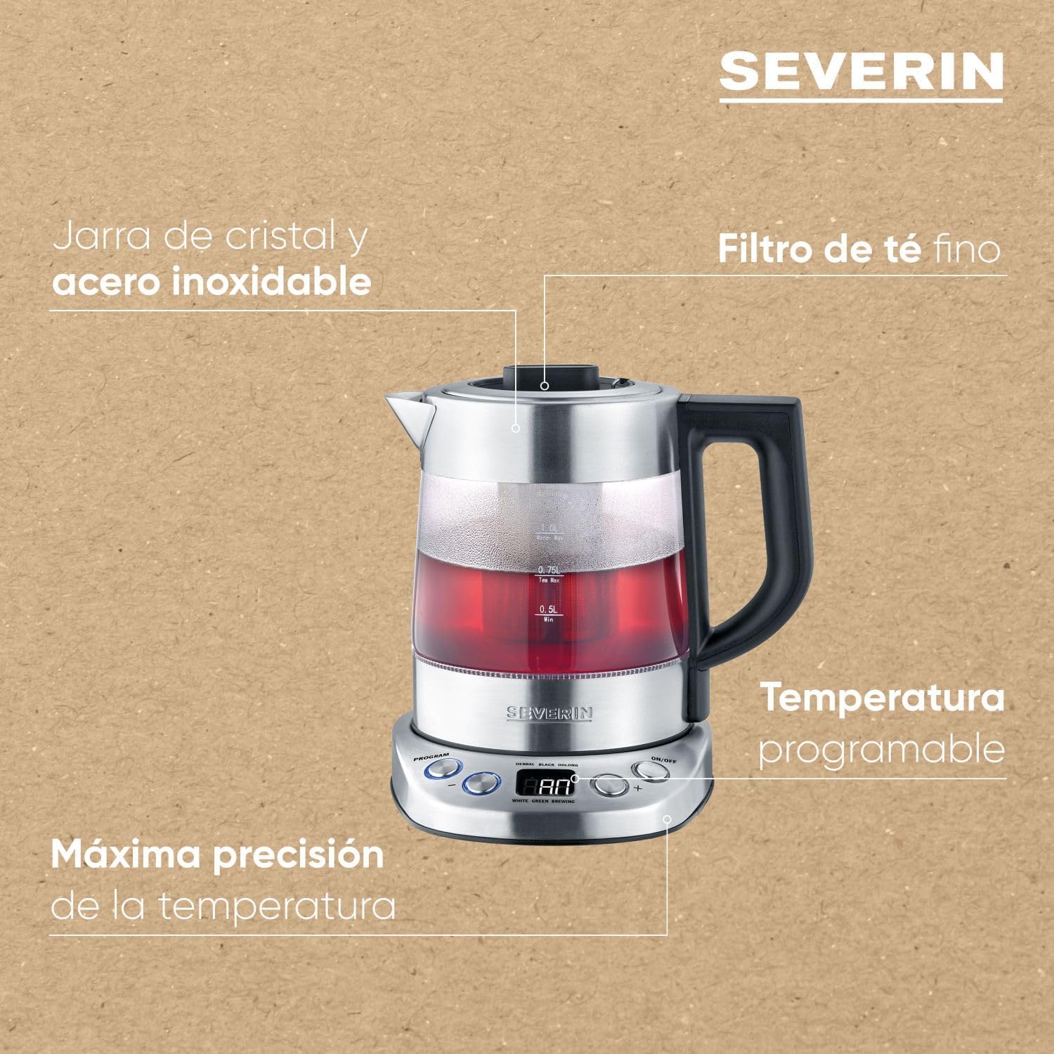 Diagram showing features of the SEVERIN kettle: glass and stainless steel jug, fine tea filter, programmable temperature, maximum temperature precision.
